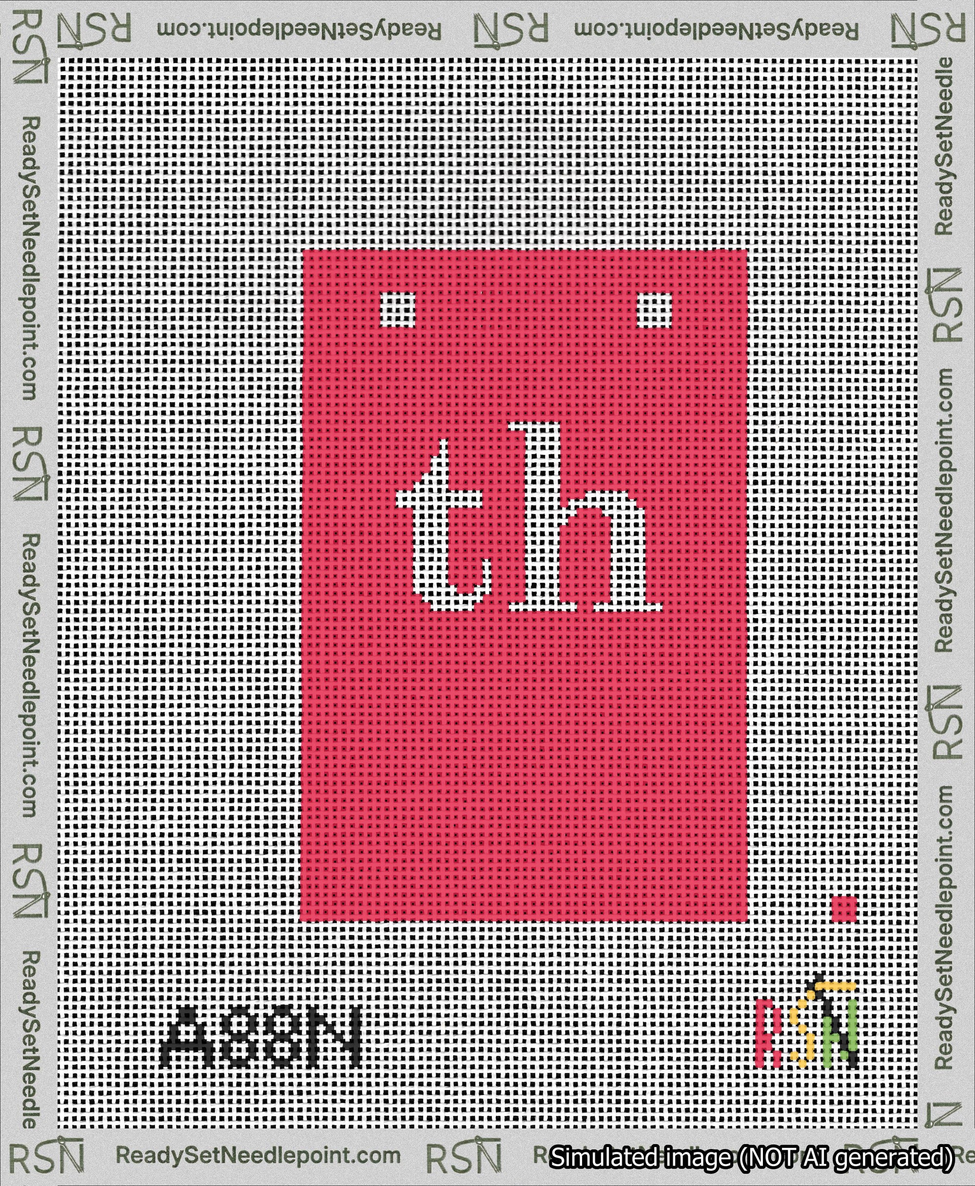A taped needlepoint canvas with the design: Banner 13 mesh count Squared th White on Red.
