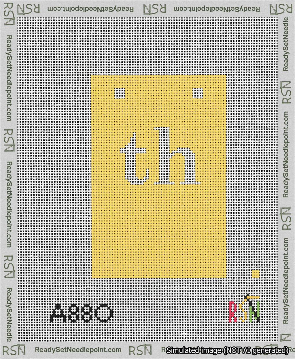 A taped needlepoint canvas with the design: Banner 13 mesh count Squared th White on Yellow.