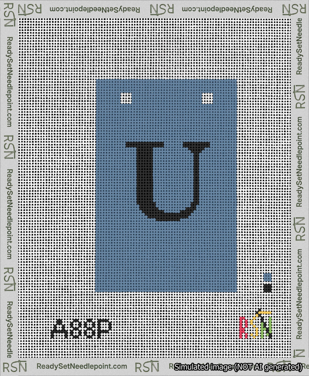 A taped needlepoint canvas with the design: Banner 13 mesh count Squared U Black on Blue.