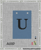 A taped needlepoint canvas with the design: Banner 13 mesh count Squared U Black on Blue.