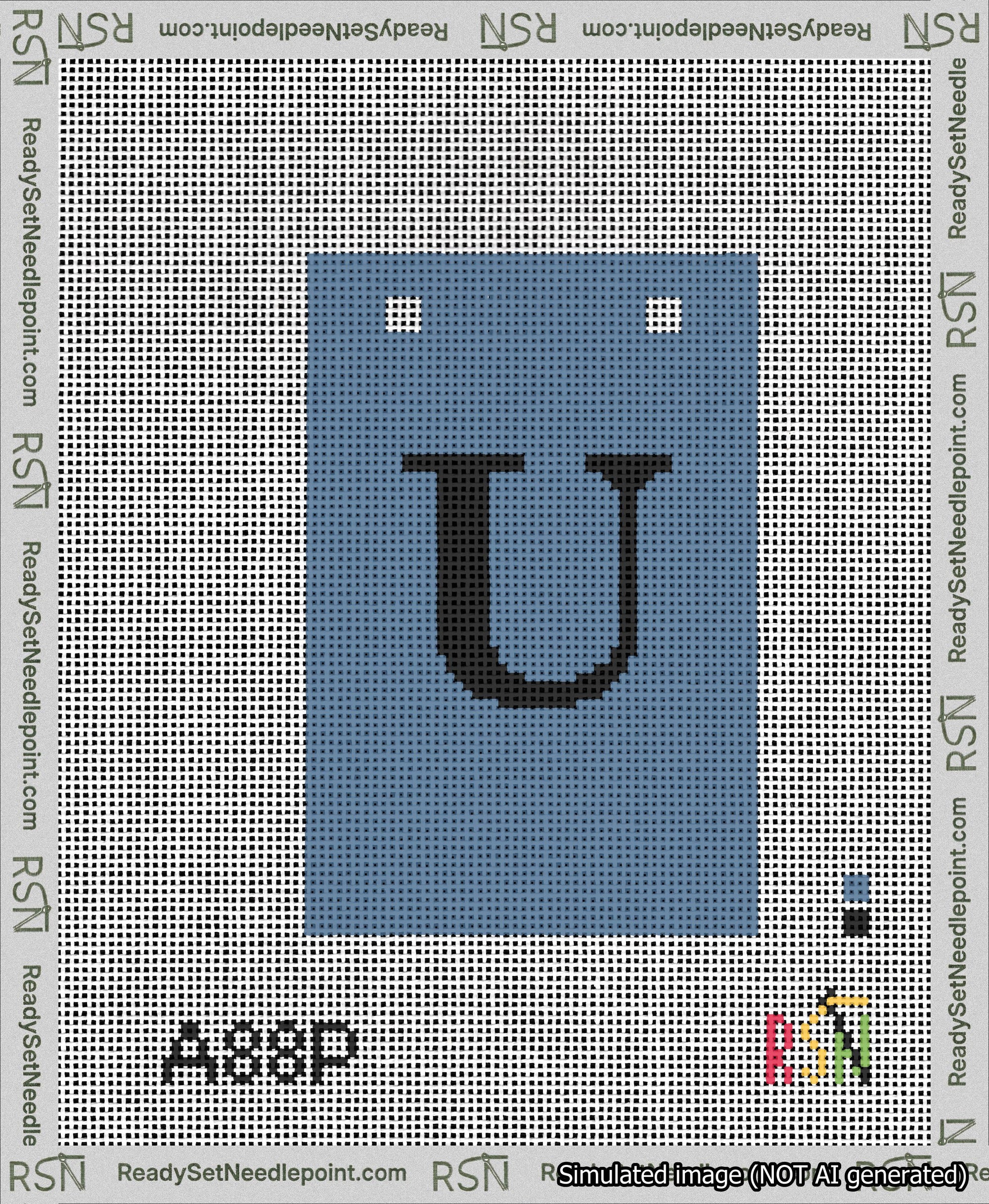A taped needlepoint canvas with the design: Banner 13 mesh count Squared U Black on Blue.