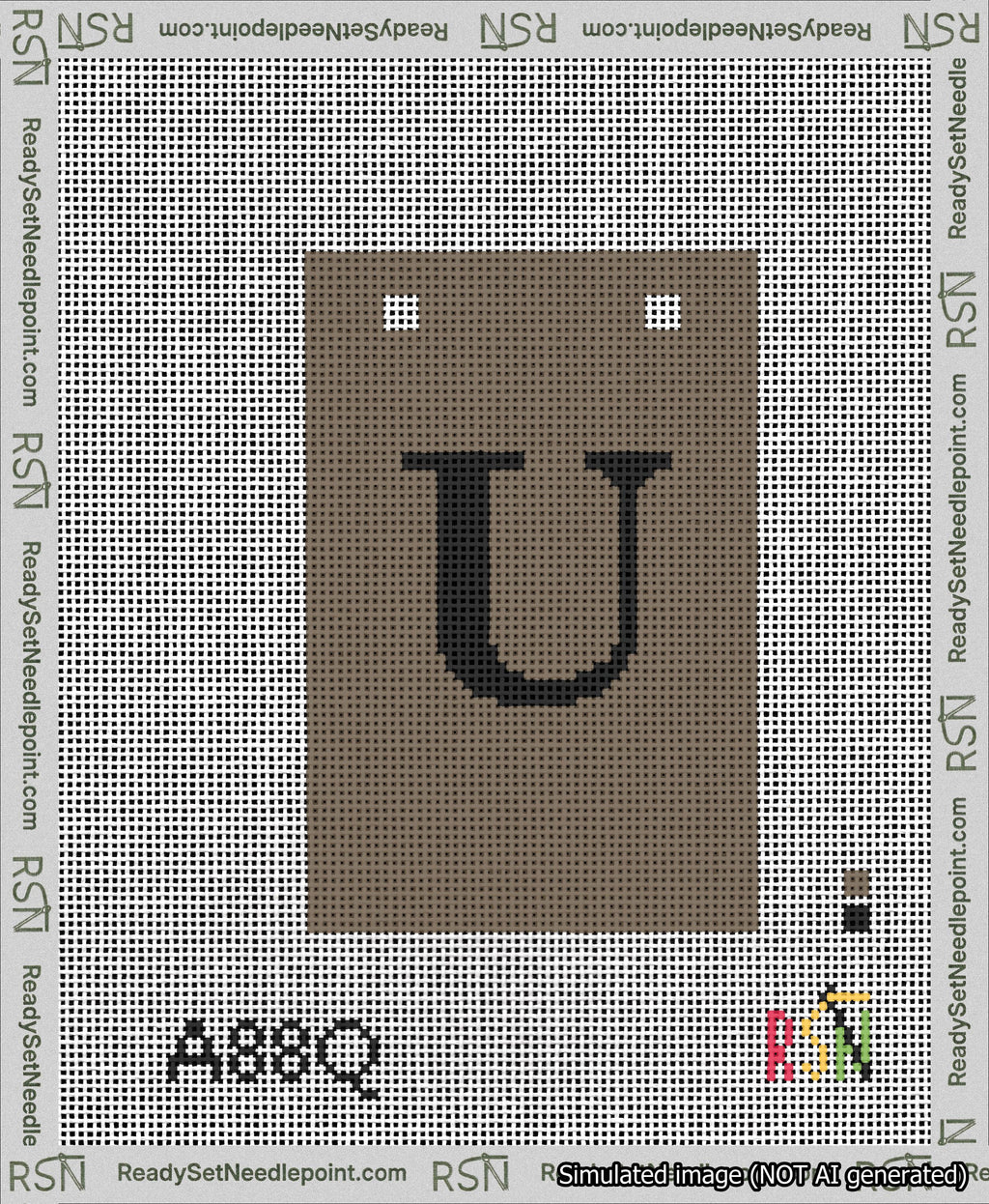 A taped needlepoint canvas with the design: Banner 13 mesh count Squared U Black on Brown.