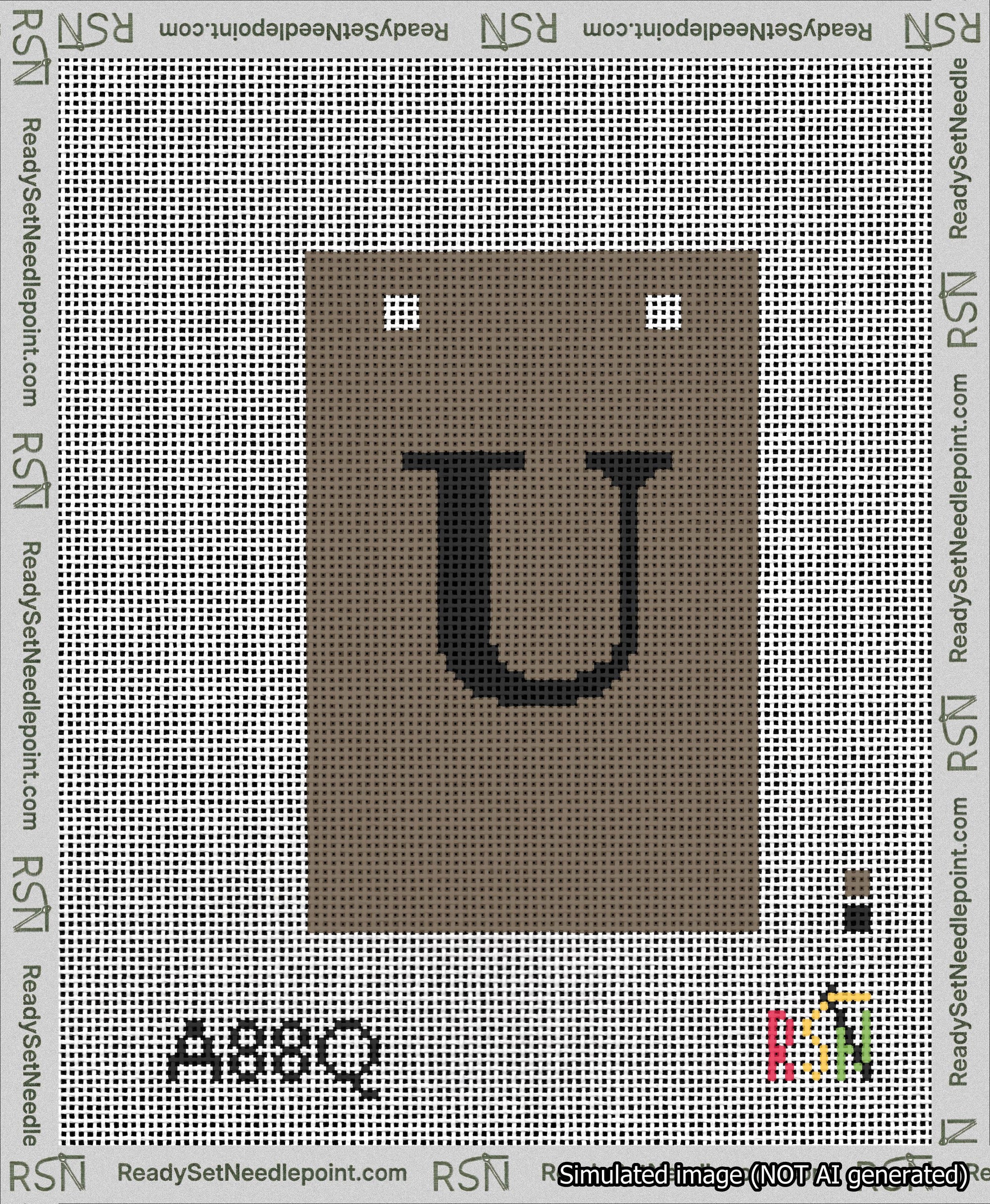 A taped needlepoint canvas with the design: Banner 13 mesh count Squared U Black on Brown.