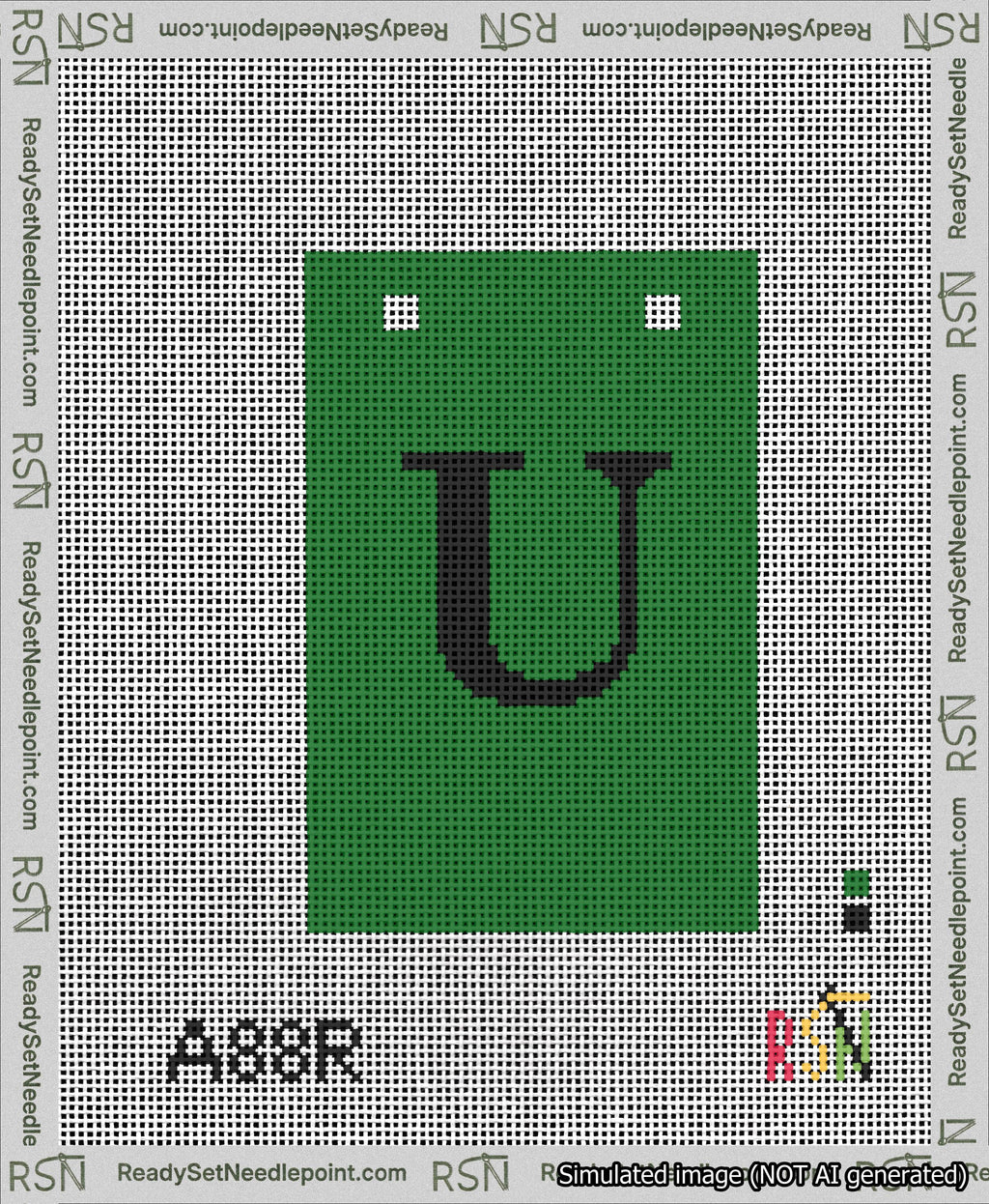A taped needlepoint canvas with the design: Banner 13 mesh count Squared U Black on Green.