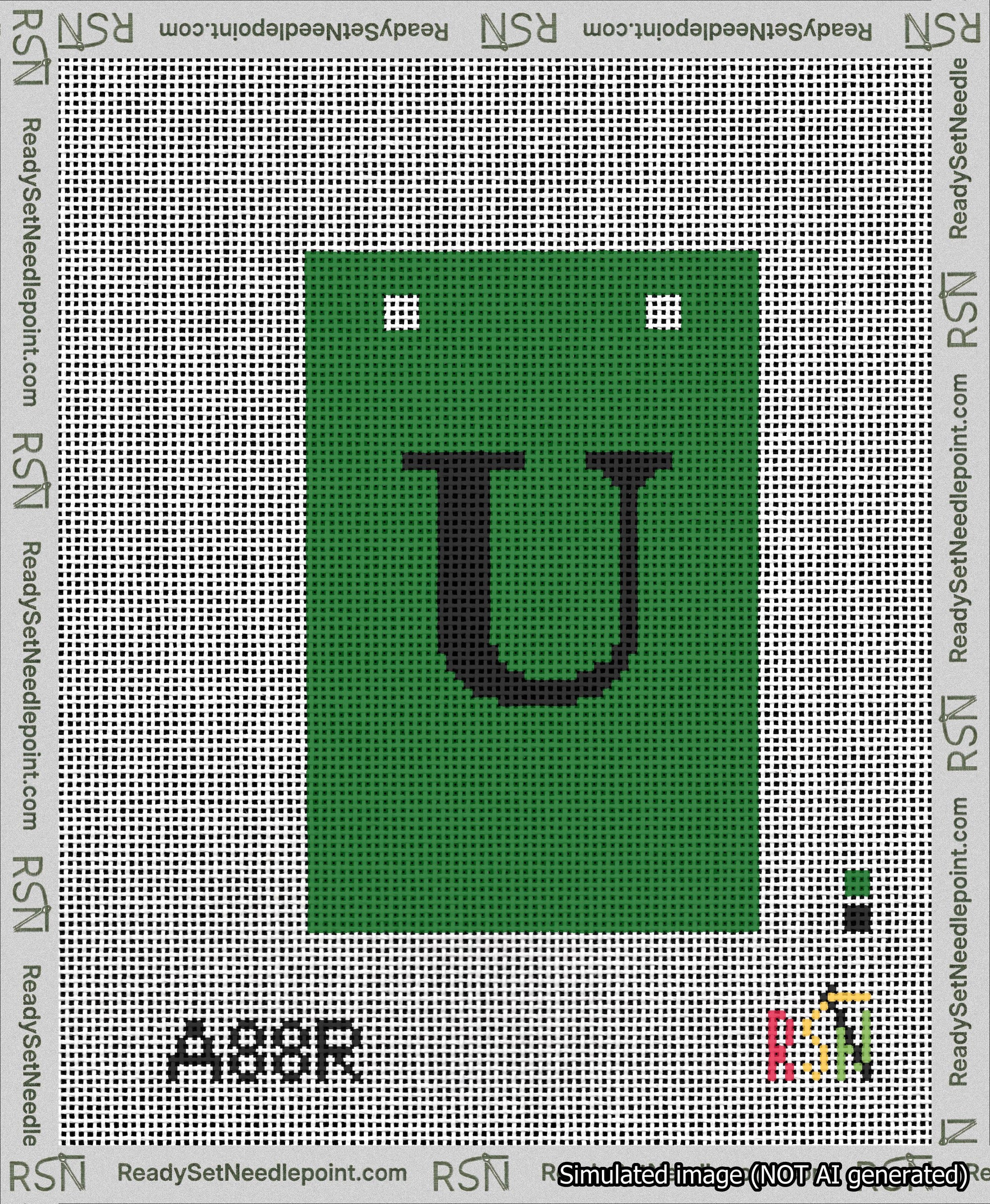 A taped needlepoint canvas with the design: Banner 13 mesh count Squared U Black on Green.