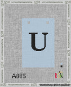 A taped needlepoint canvas with the design: Banner 13 mesh count Squared U Black on Light Blue.
