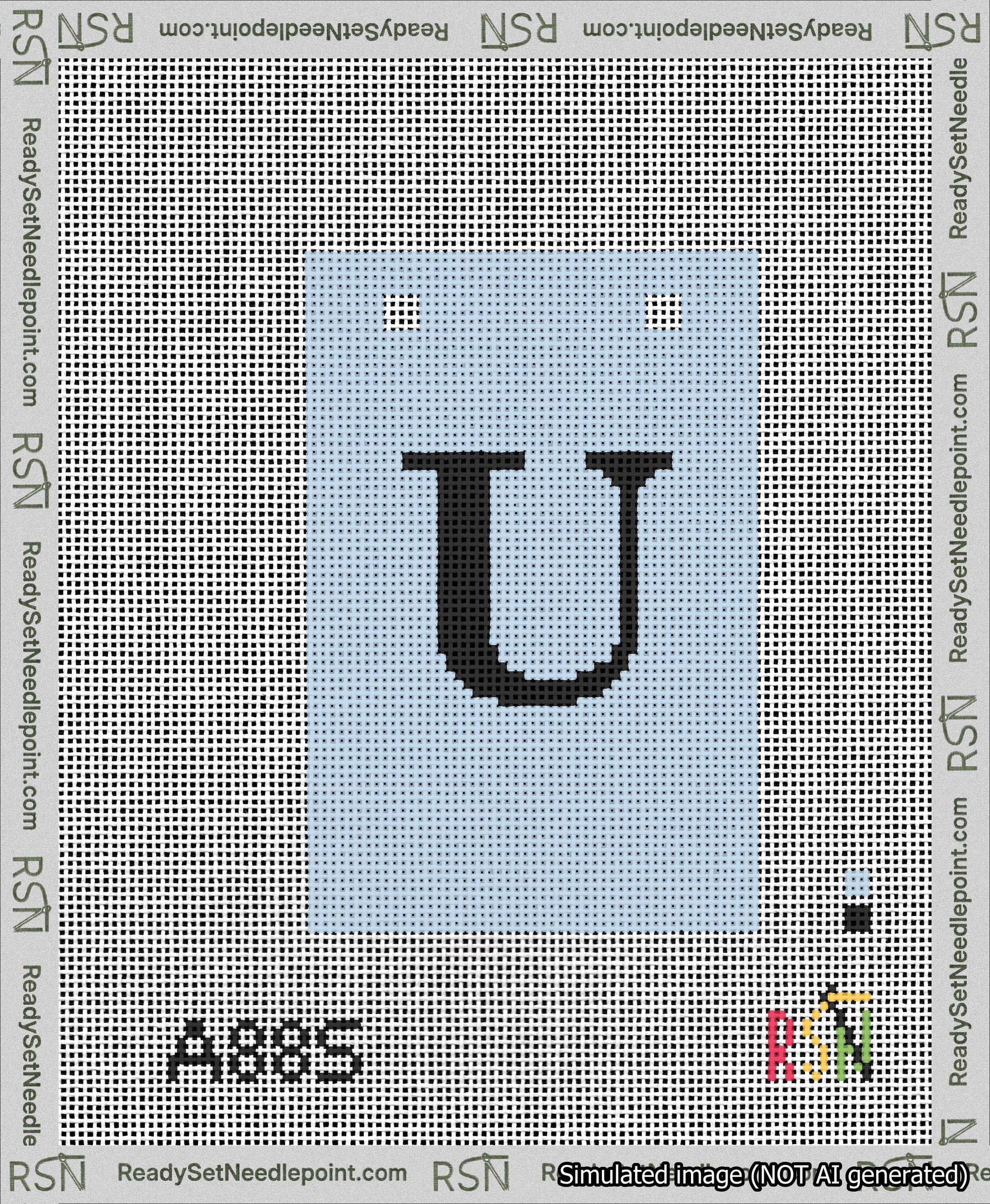 A taped needlepoint canvas with the design: Banner 13 mesh count Squared U Black on Light Blue.