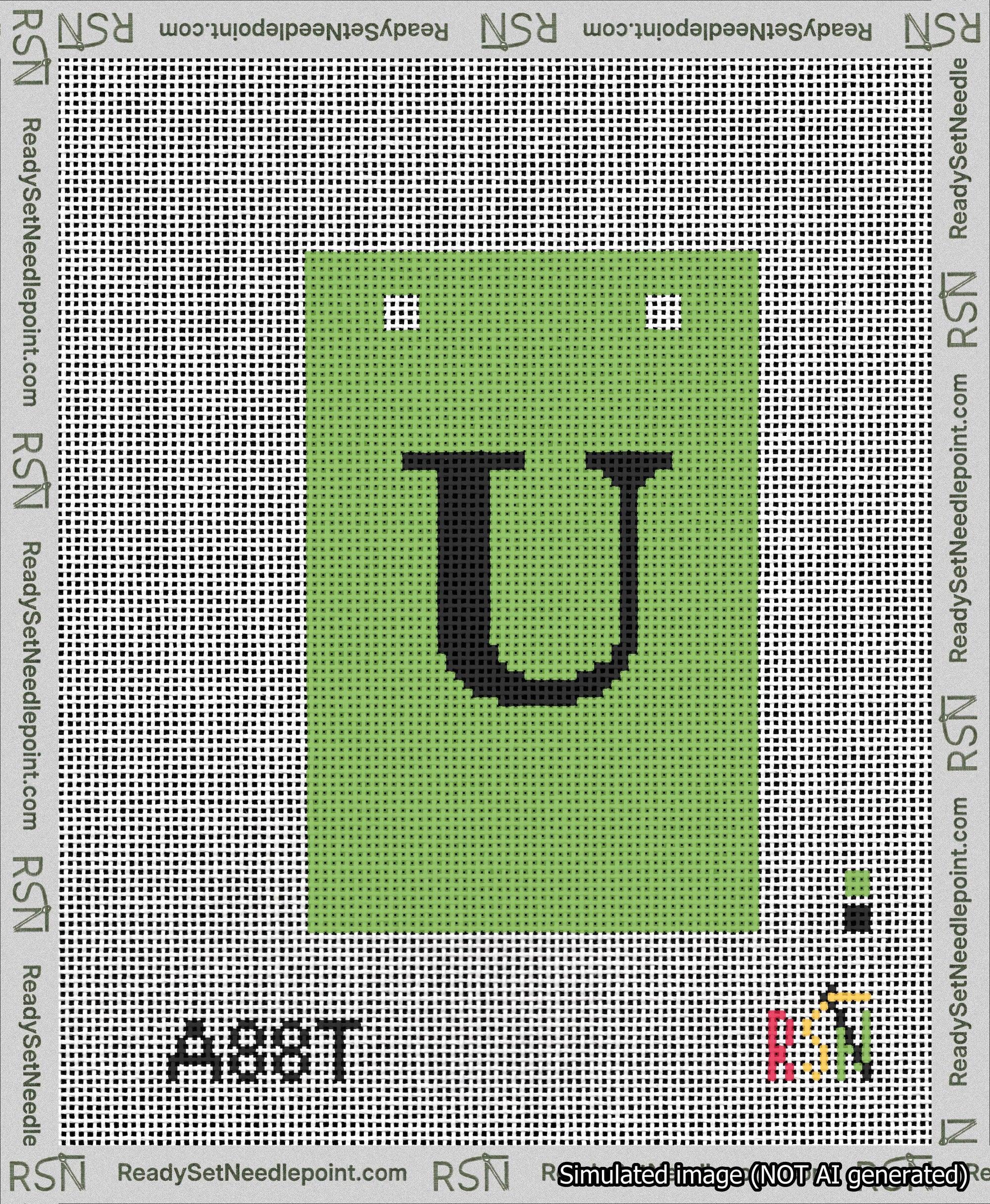 A taped needlepoint canvas with the design: Banner 13 mesh count Squared U Black on Light Green.