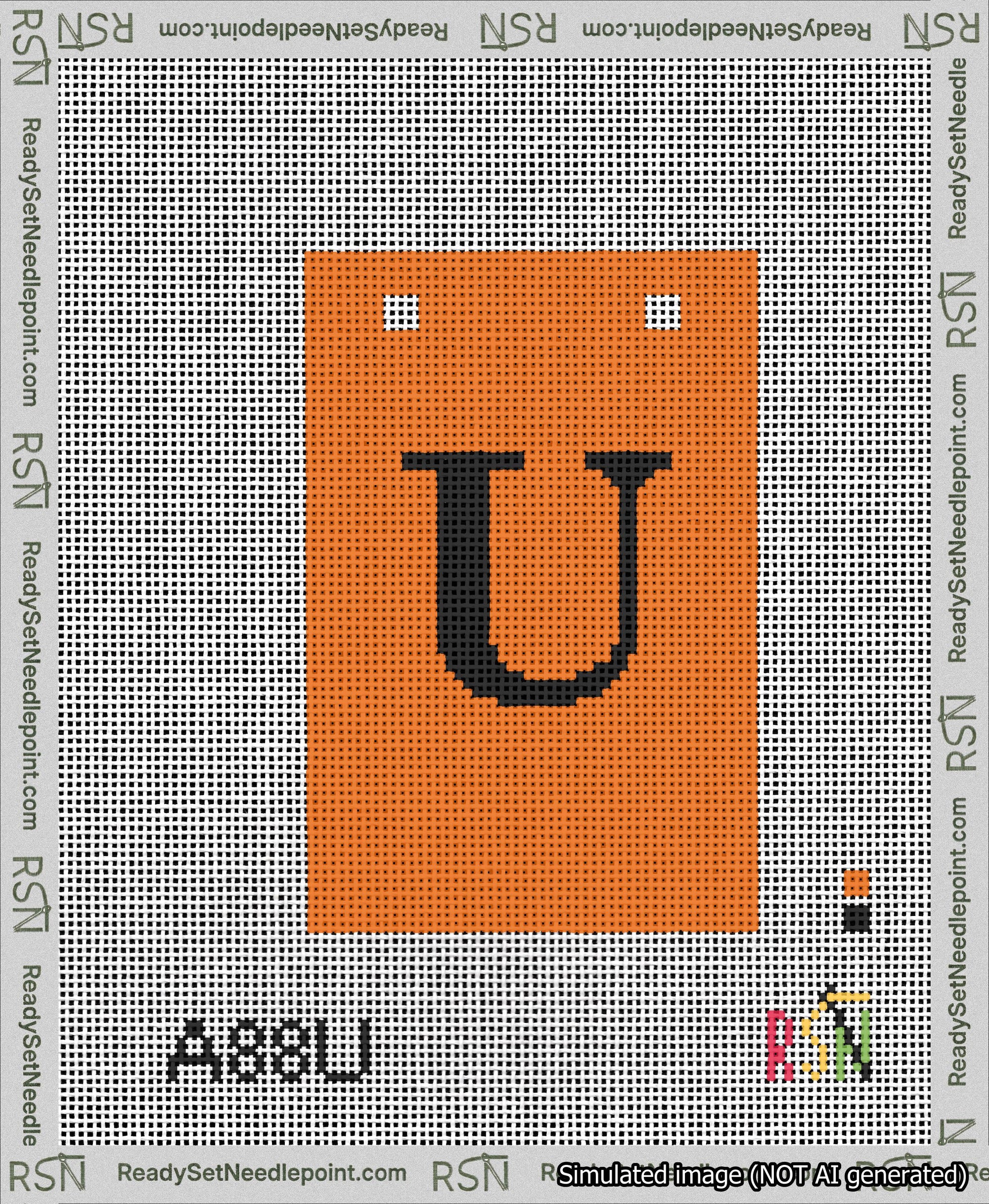 A taped needlepoint canvas with the design: Banner 13 mesh count Squared U Black on Orange.