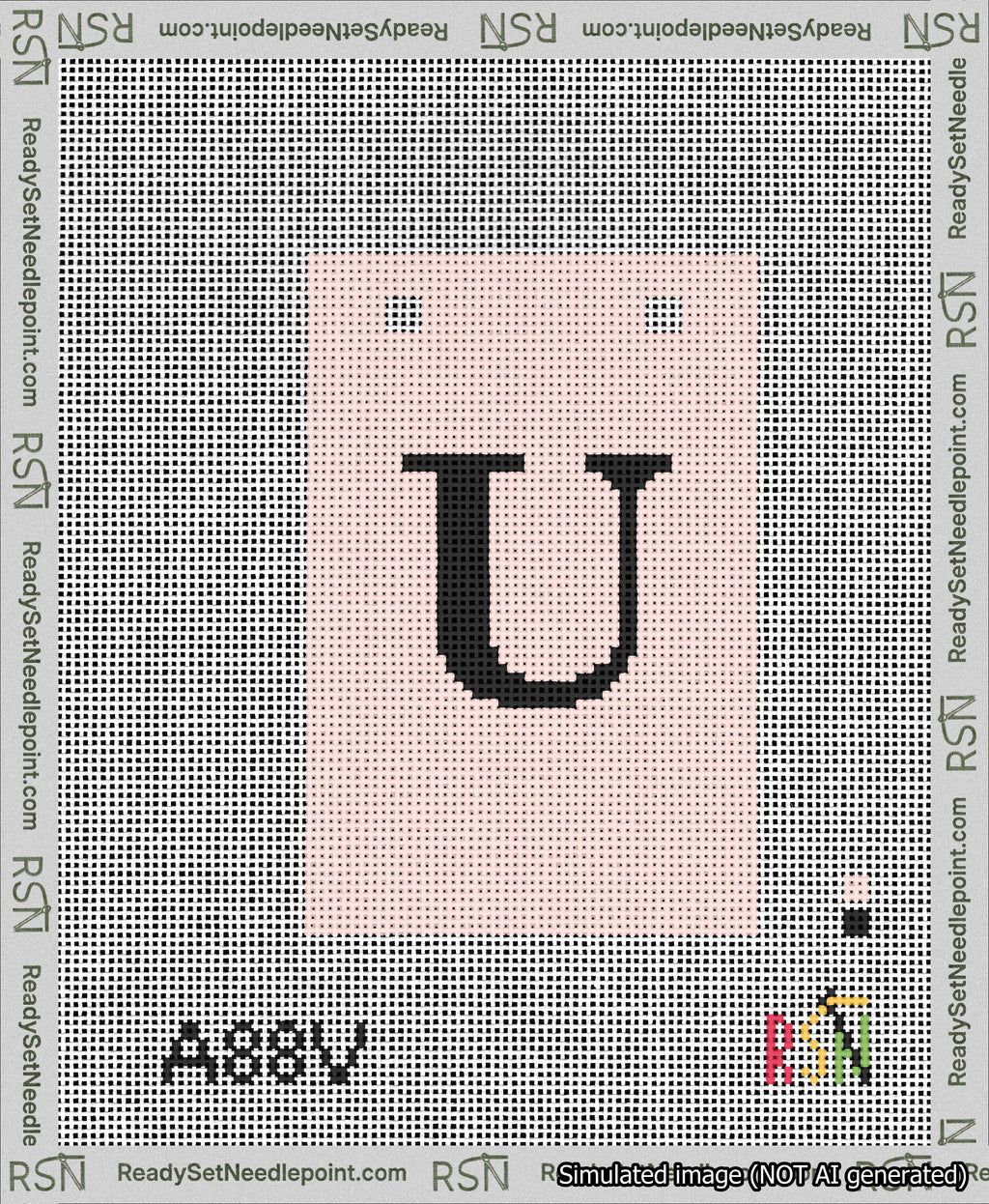 A taped needlepoint canvas with the design: Banner 13 mesh count Squared U Black on Pink.