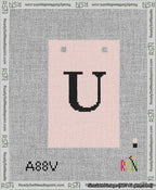 A taped needlepoint canvas with the design: Banner 13 mesh count Squared U Black on Pink.
