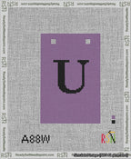 A taped needlepoint canvas with the design: Banner 13 mesh count Squared U Black on Purple.