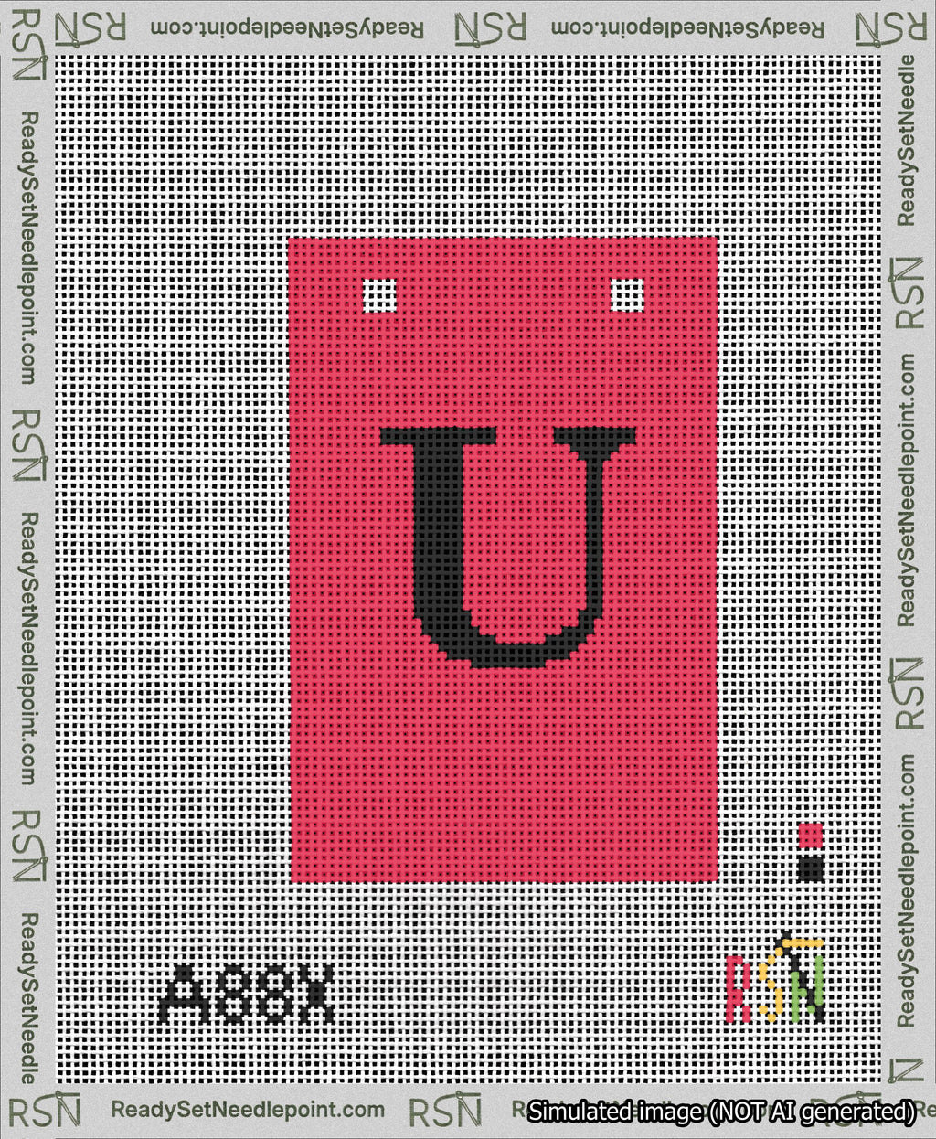 A taped needlepoint canvas with the design: Banner 13 mesh count Squared U Black on Red.