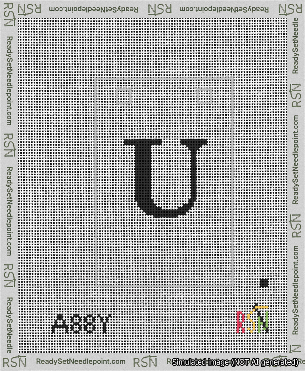 A taped needlepoint canvas with the design: Banner 13 mesh count Squared U Black on White.