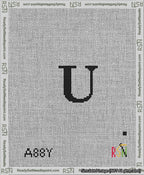 A taped needlepoint canvas with the design: Banner 13 mesh count Squared U Black on White.