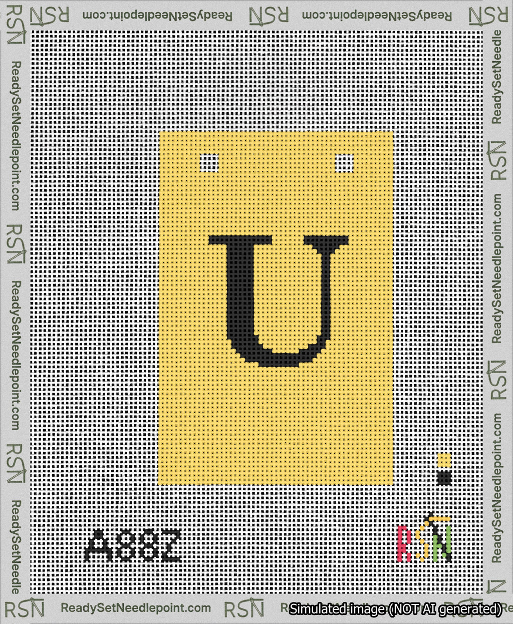 A taped needlepoint canvas with the design: Banner 13 mesh count Squared U Black on Yellow.