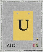A taped needlepoint canvas with the design: Banner 13 mesh count Squared U Black on Yellow.