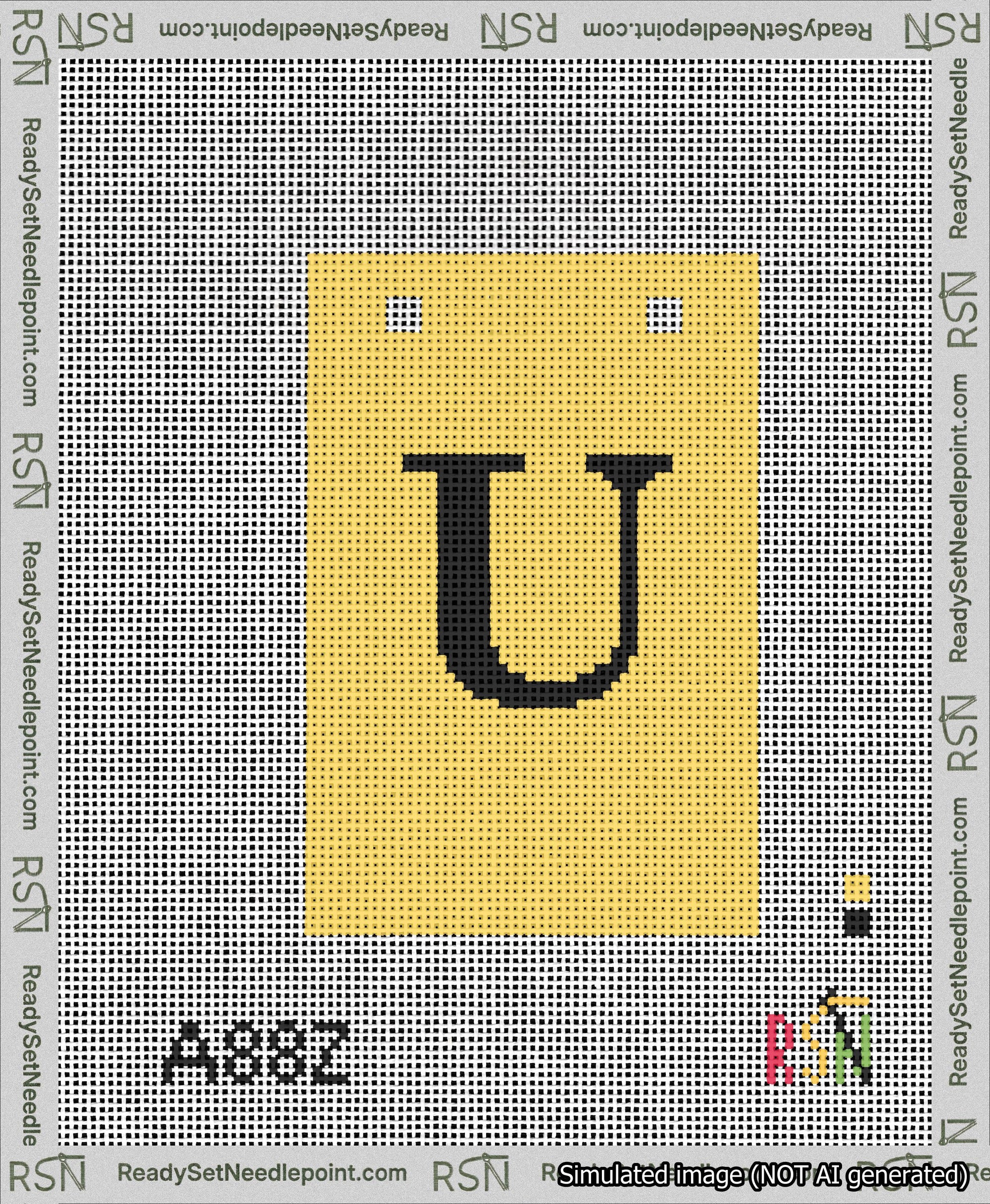 A taped needlepoint canvas with the design: Banner 13 mesh count Squared U Black on Yellow.
