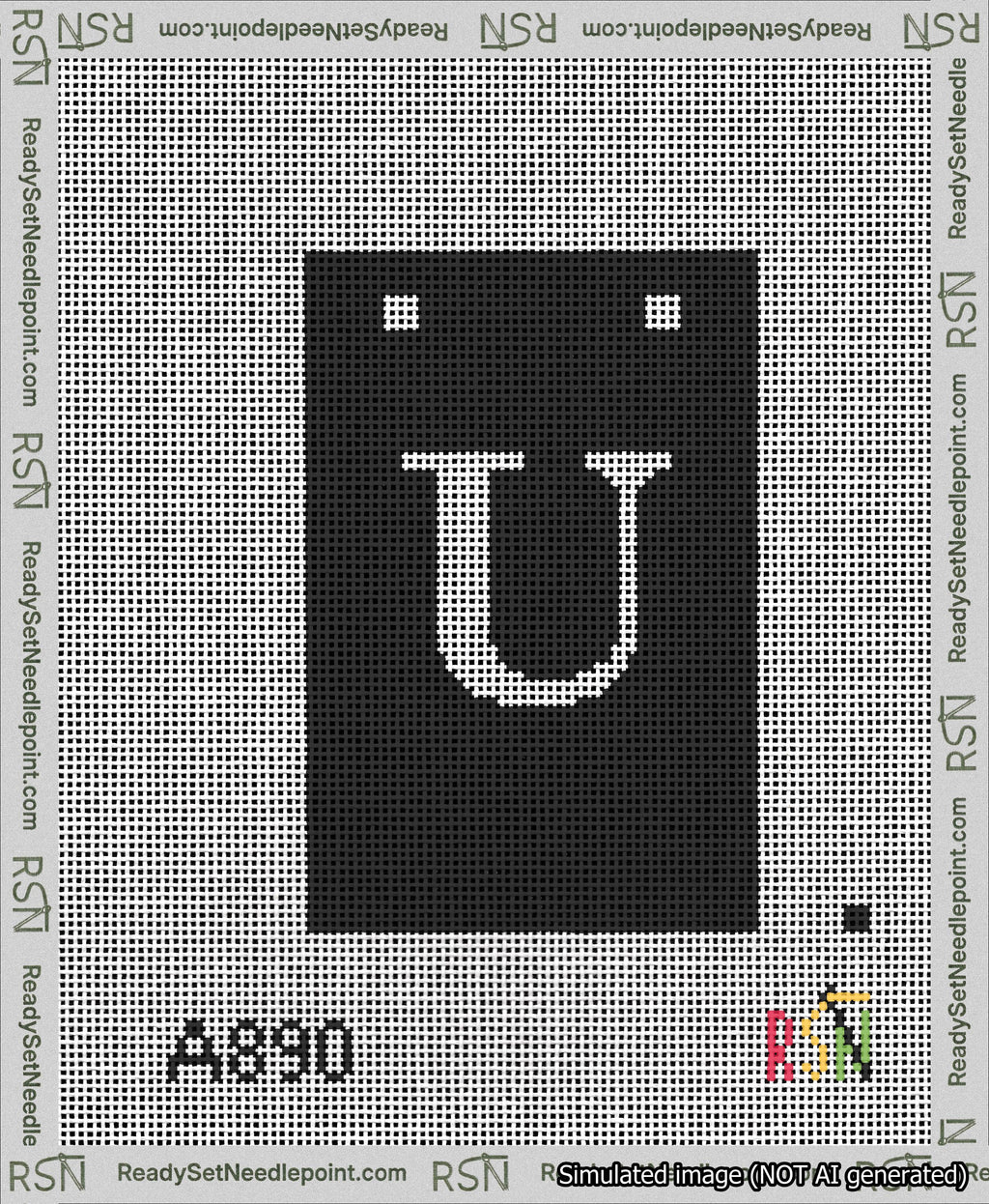 A taped needlepoint canvas with the design: Banner 13 mesh count Squared U White on Black.