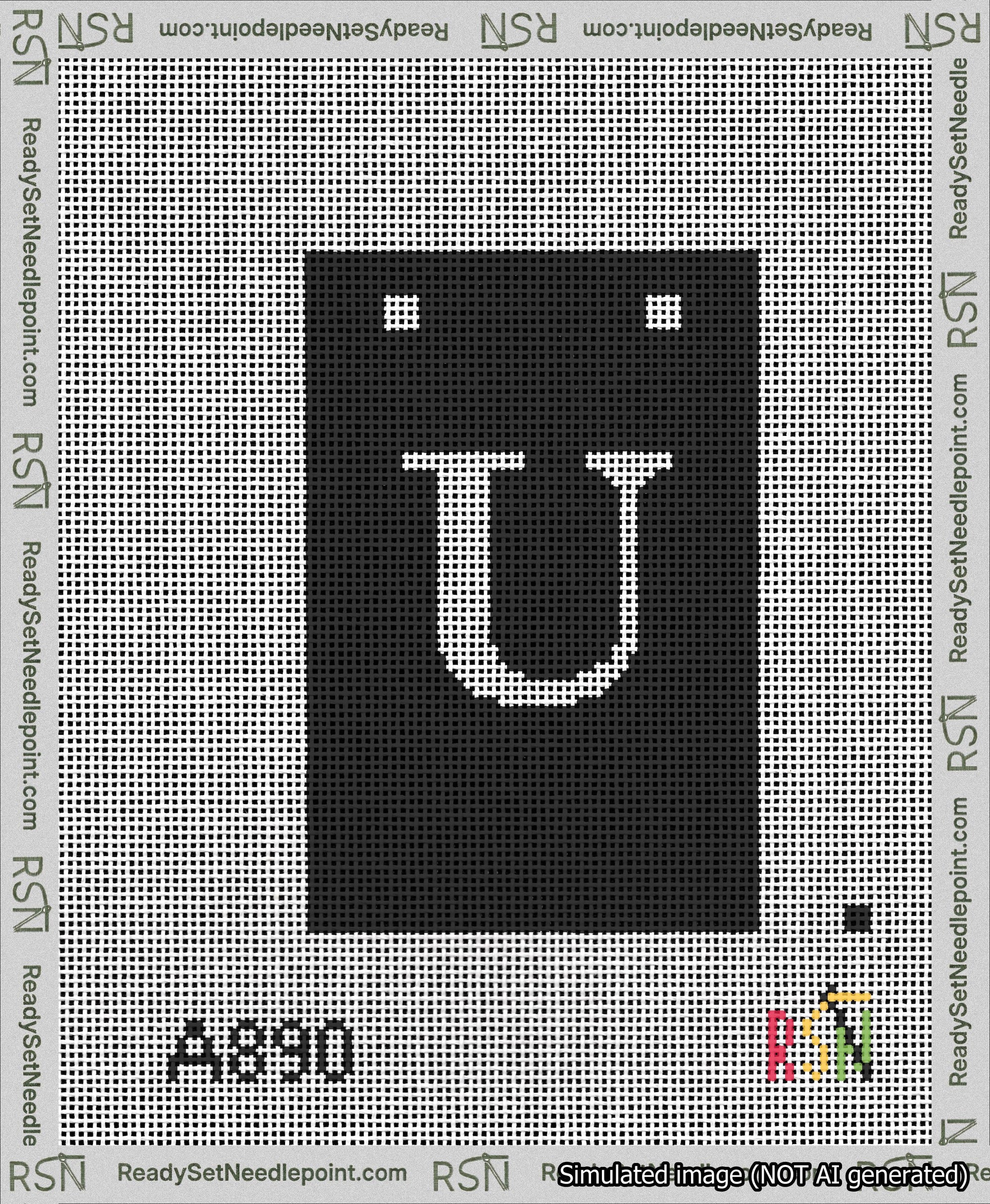 A taped needlepoint canvas with the design: Banner 13 mesh count Squared U White on Black.