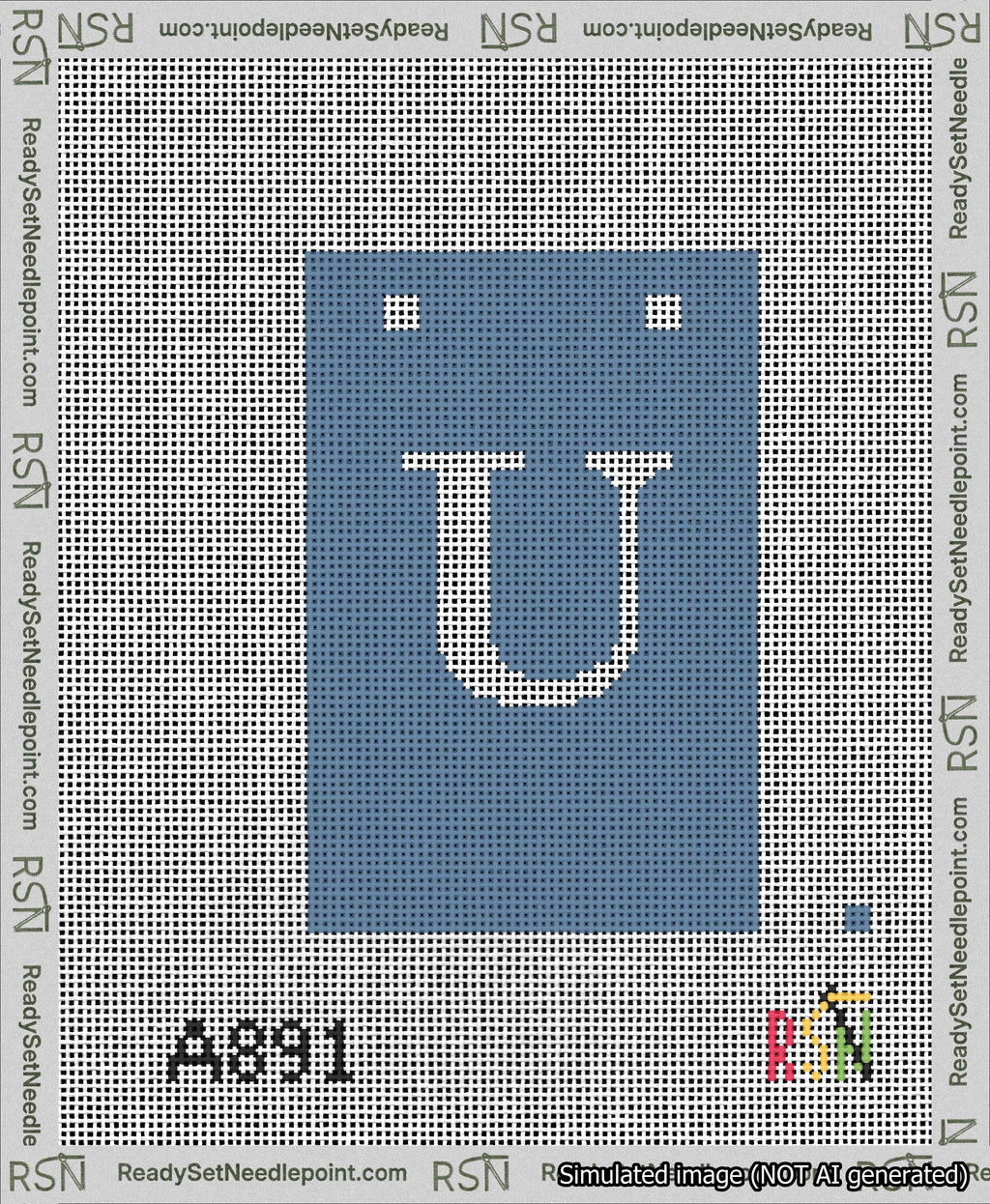 A taped needlepoint canvas with the design: Banner 13 mesh count Squared U White on Blue.