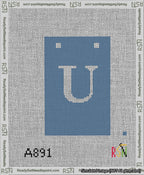 A taped needlepoint canvas with the design: Banner 13 mesh count Squared U White on Blue.