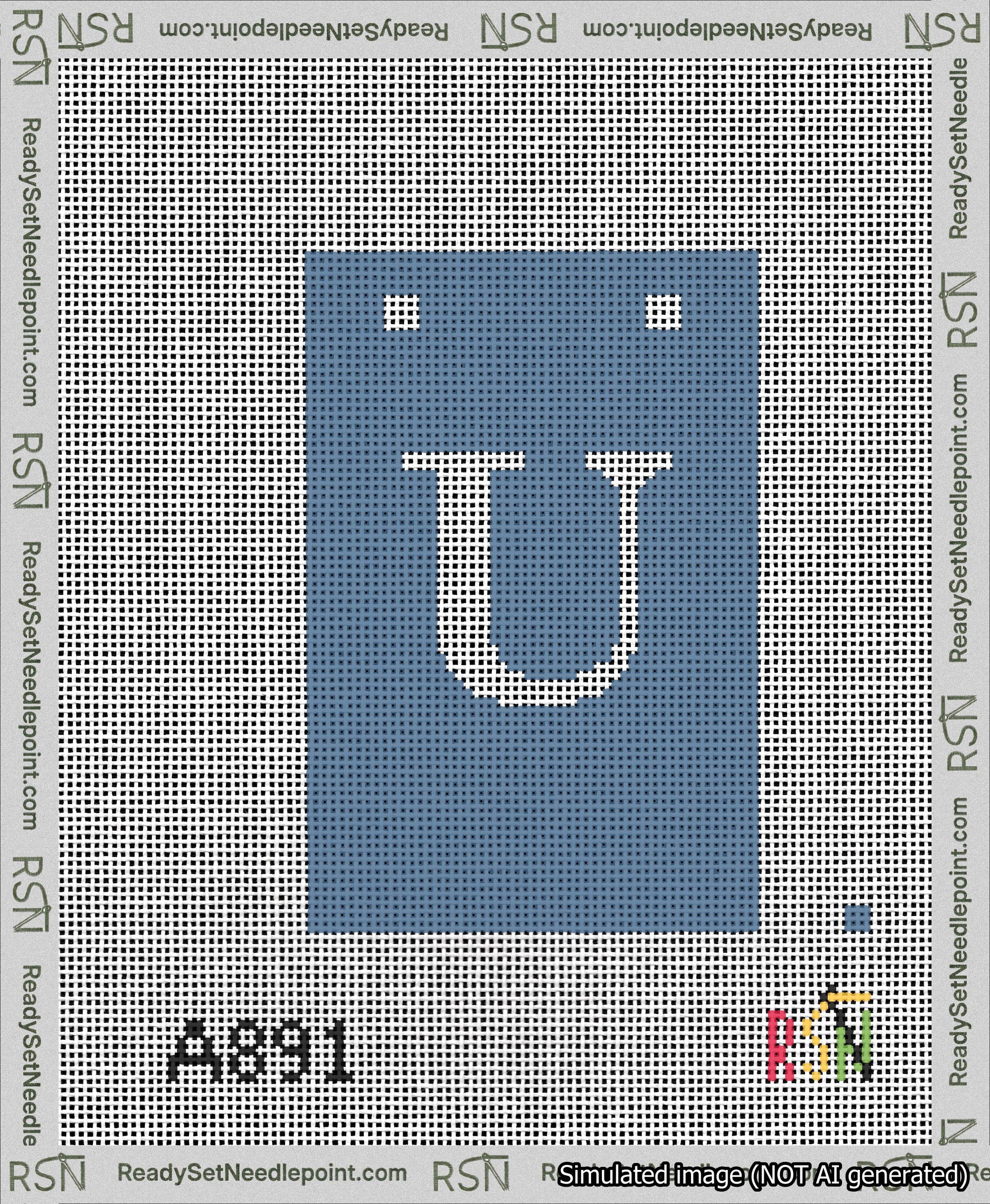A taped needlepoint canvas with the design: Banner 13 mesh count Squared U White on Blue.