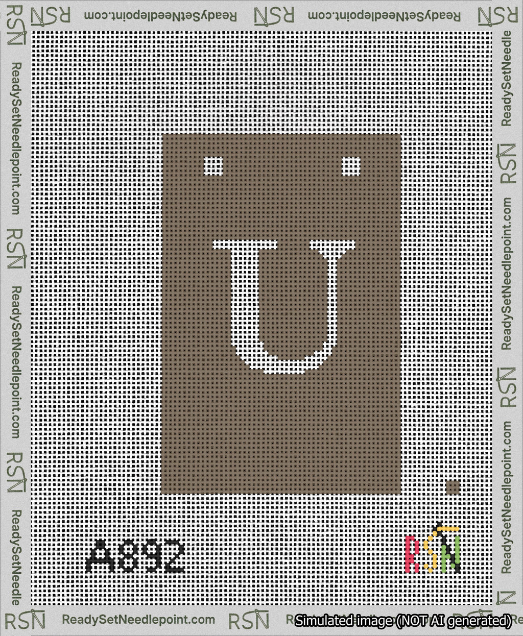 A taped needlepoint canvas with the design: Banner 13 mesh count Squared U White on Brown.