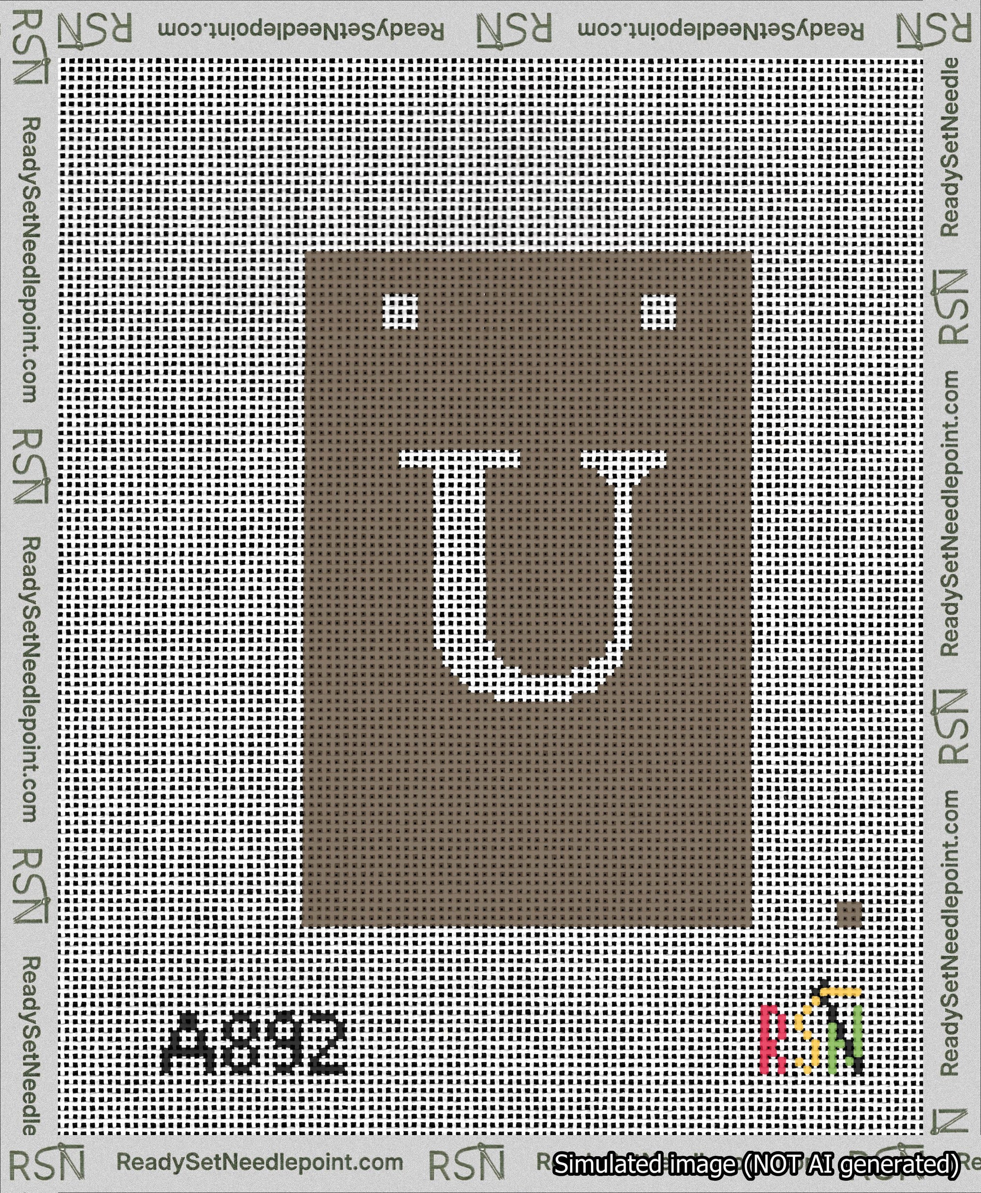 A taped needlepoint canvas with the design: Banner 13 mesh count Squared U White on Brown.