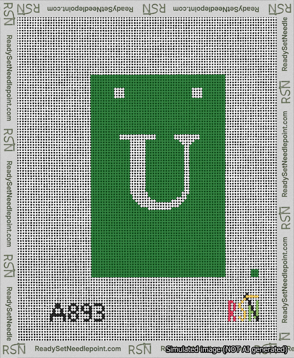 A taped needlepoint canvas with the design: Banner 13 mesh count Squared U White on Green.