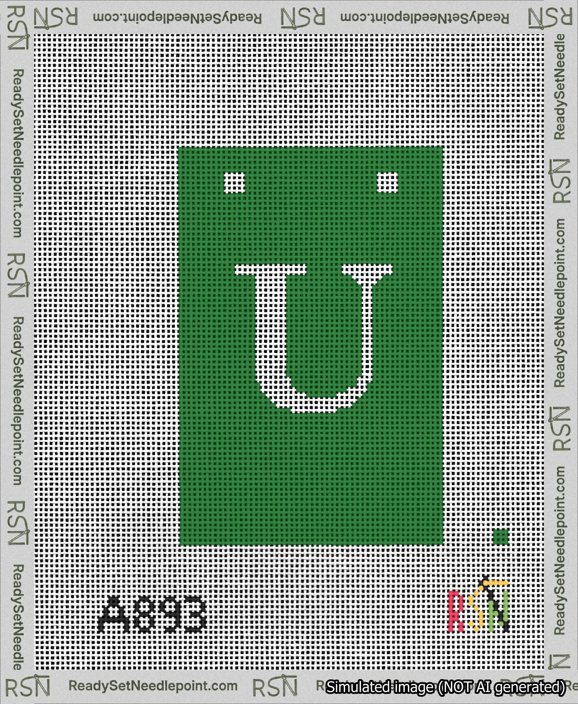 A taped needlepoint canvas with the design: Banner 13 mesh count Squared U White on Green.