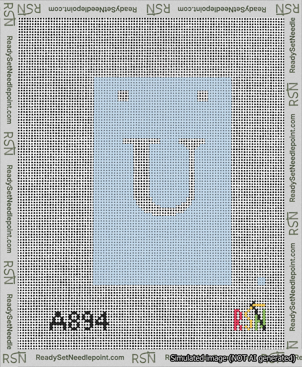 A taped needlepoint canvas with the design: Banner 13 mesh count Squared U White on Light Blue.