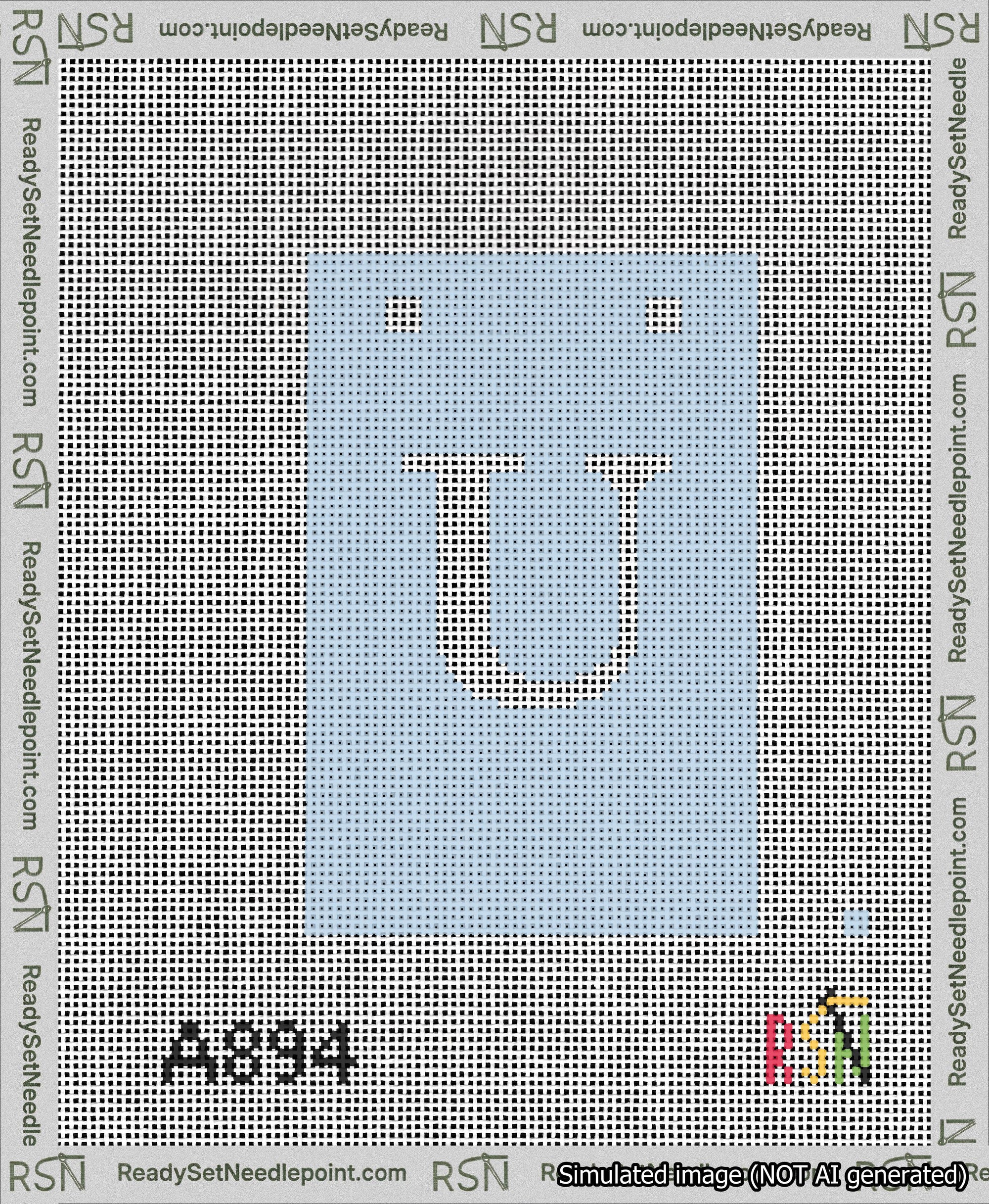 A taped needlepoint canvas with the design: Banner 13 mesh count Squared U White on Light Blue.