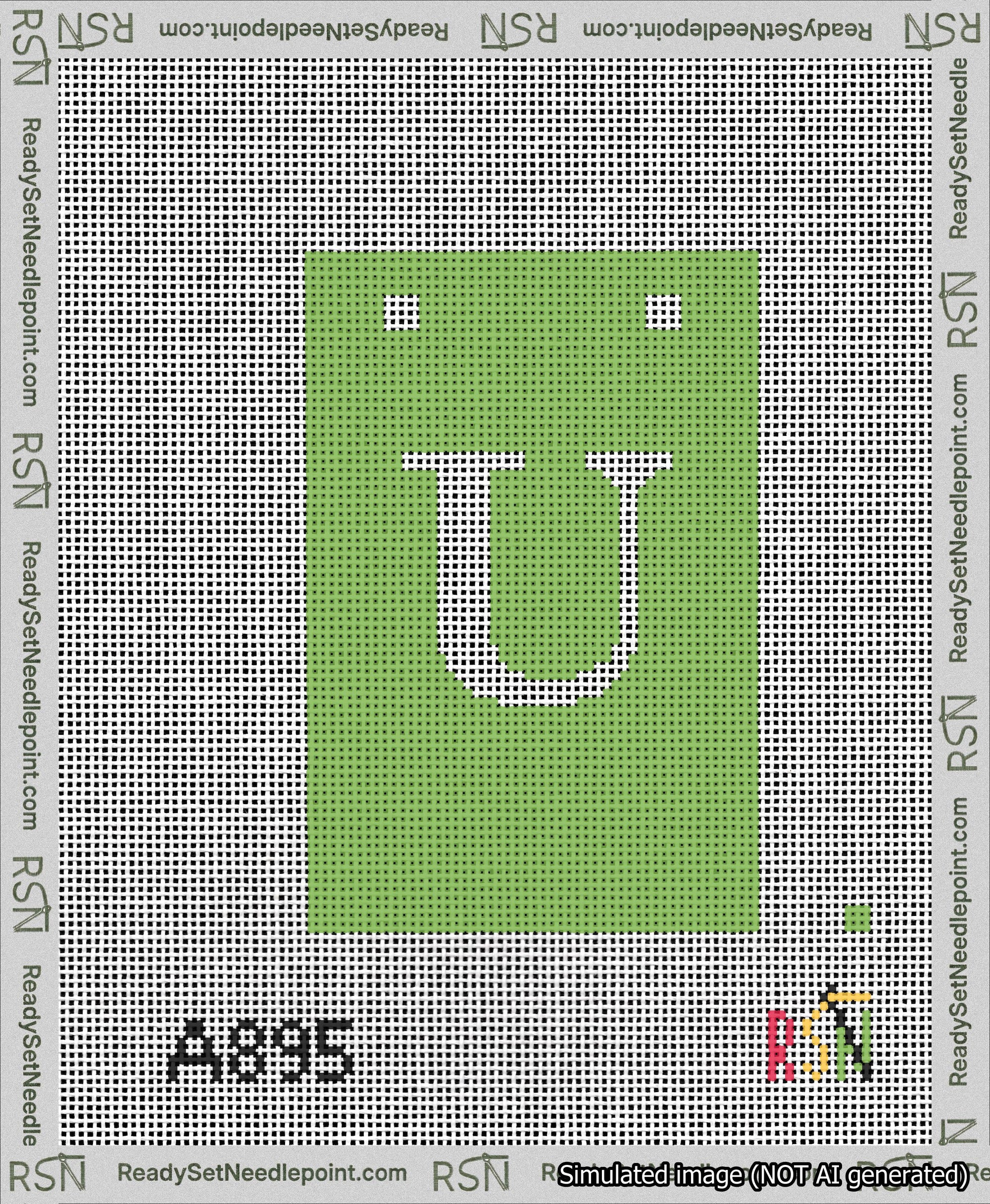 A taped needlepoint canvas with the design: Banner 13 mesh count Squared U White on Light Green.