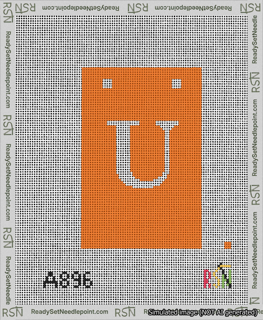 A taped needlepoint canvas with the design: Banner 13 mesh count Squared U White on Orange.