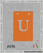 A taped needlepoint canvas with the design: Banner 13 mesh count Squared U White on Orange.