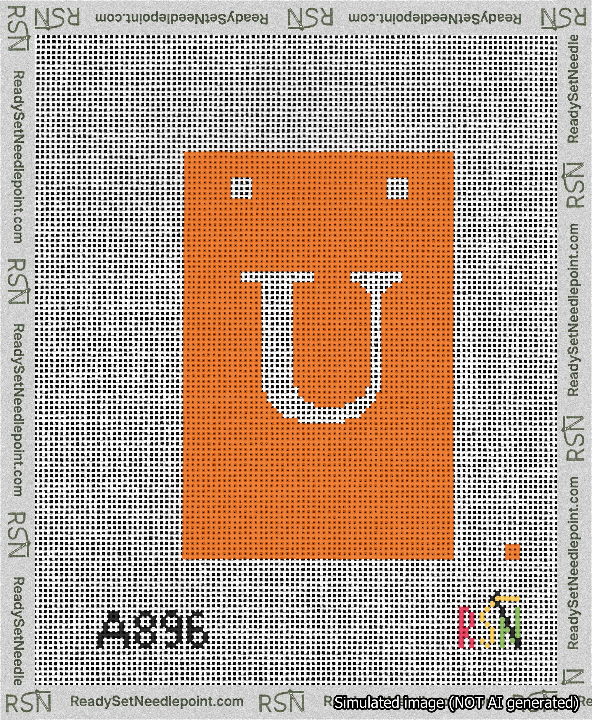 A taped needlepoint canvas with the design: Banner 13 mesh count Squared U White on Orange.