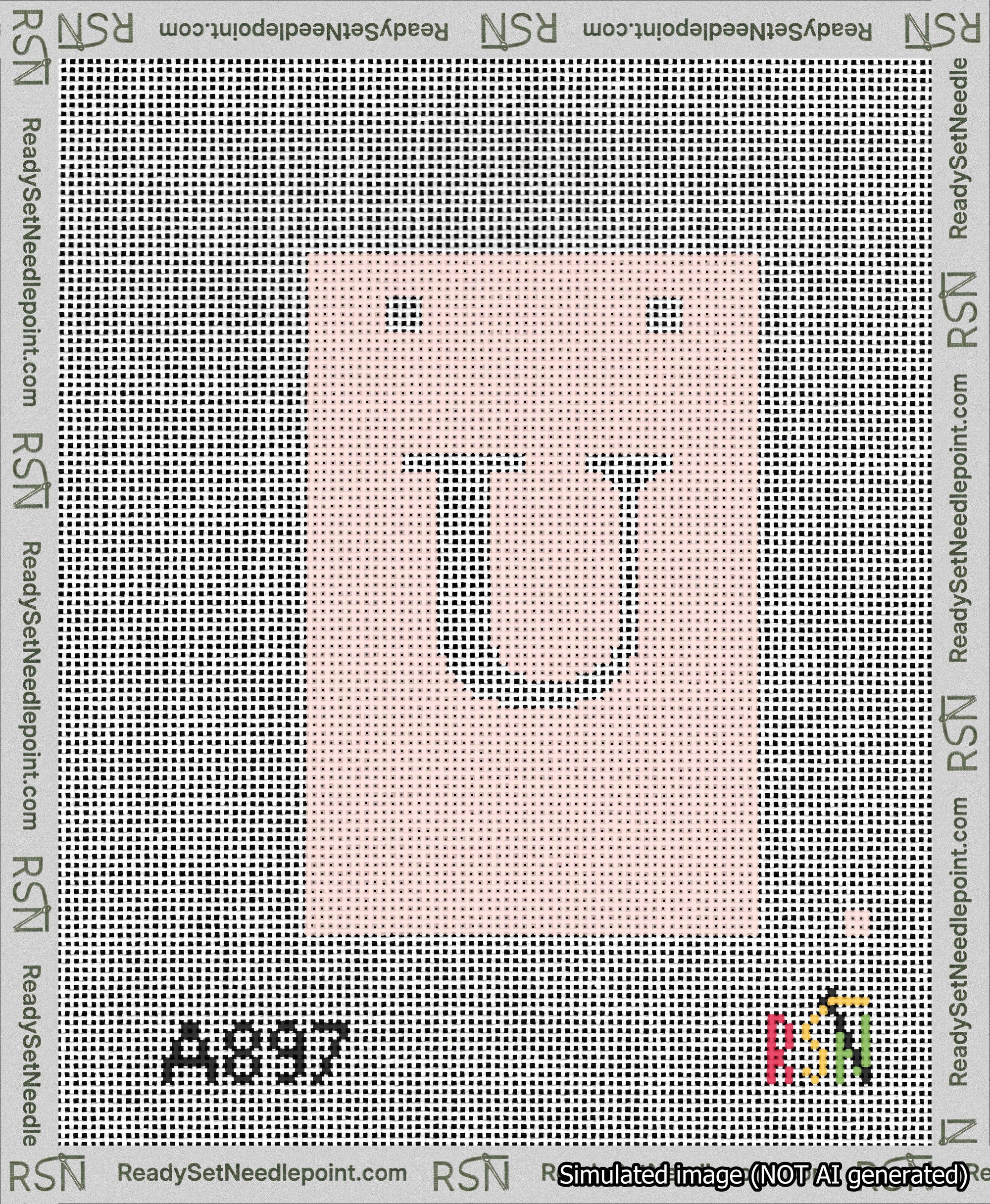 A taped needlepoint canvas with the design: Banner 13 mesh count Squared U White on Pink.