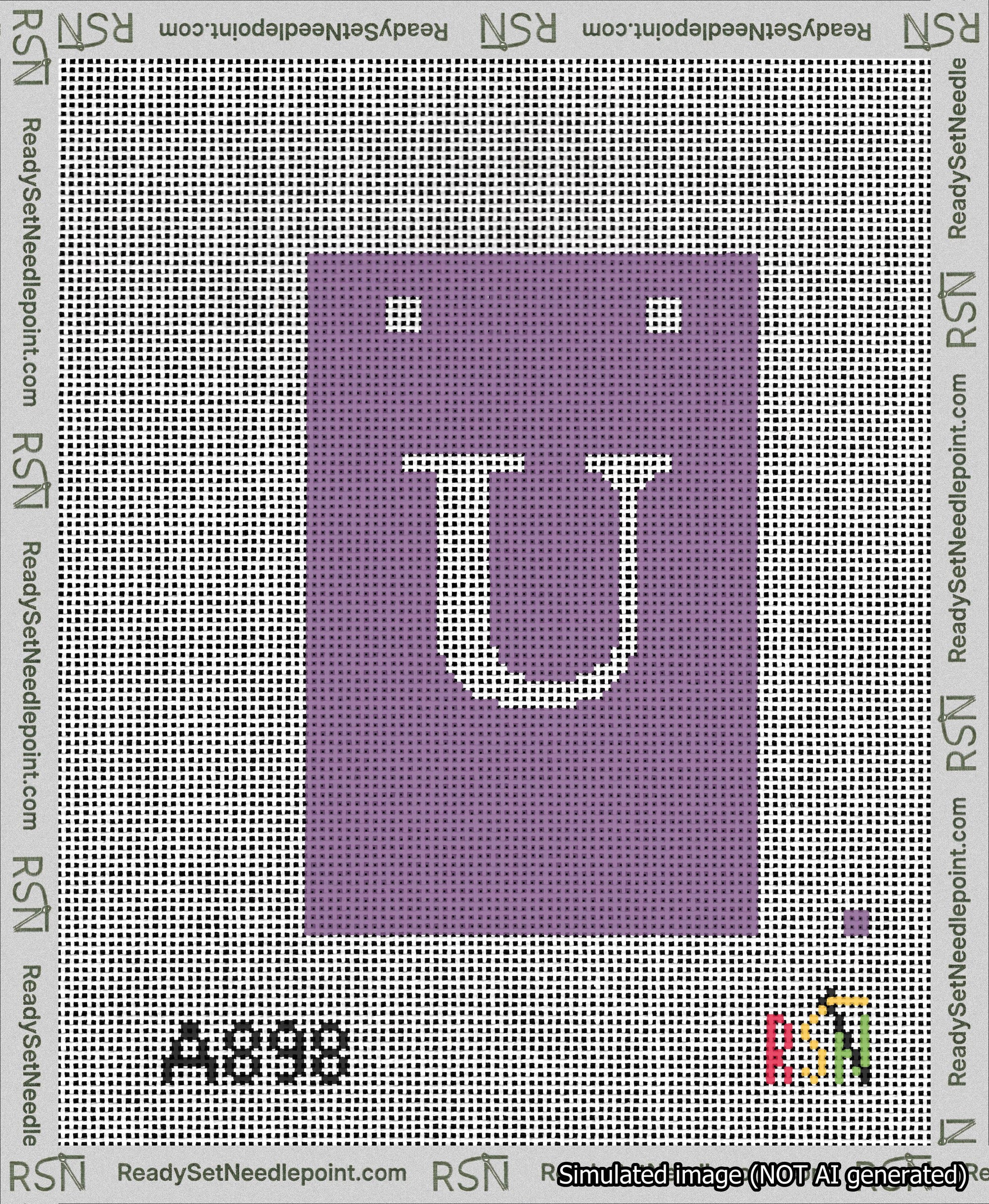 A taped needlepoint canvas with the design: Banner 13 mesh count Squared U White on Purple.