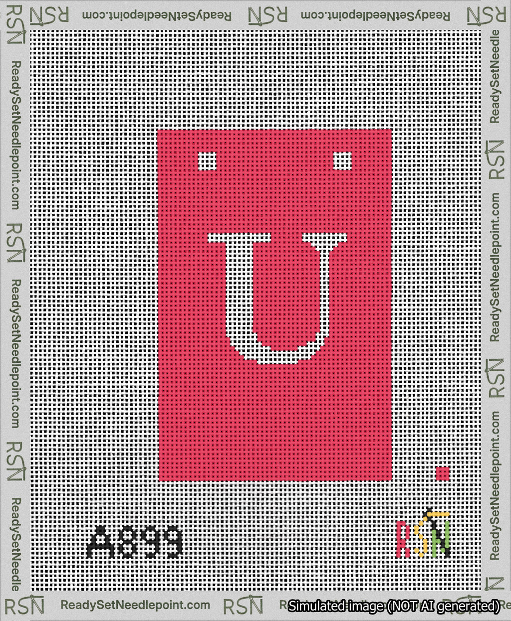 A taped needlepoint canvas with the design: Banner 13 mesh count Squared U White on Red.