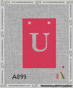 A taped needlepoint canvas with the design: Banner 13 mesh count Squared U White on Red.