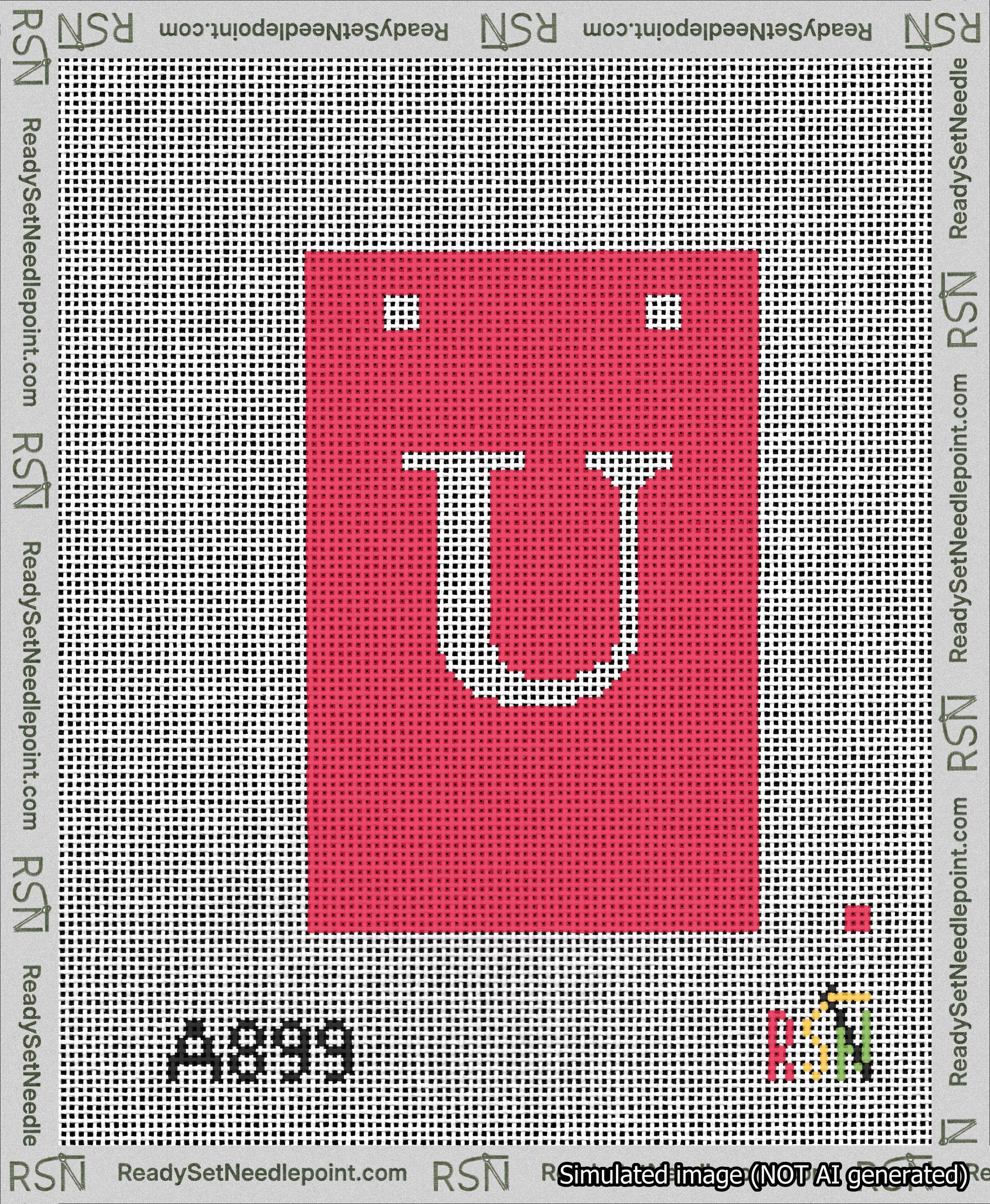 A taped needlepoint canvas with the design: Banner 13 mesh count Squared U White on Red.