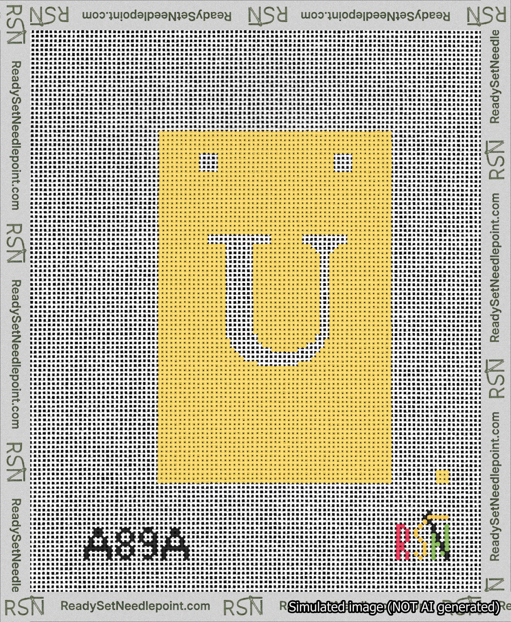 A taped needlepoint canvas with the design: Banner 13 mesh count Squared U White on Yellow.