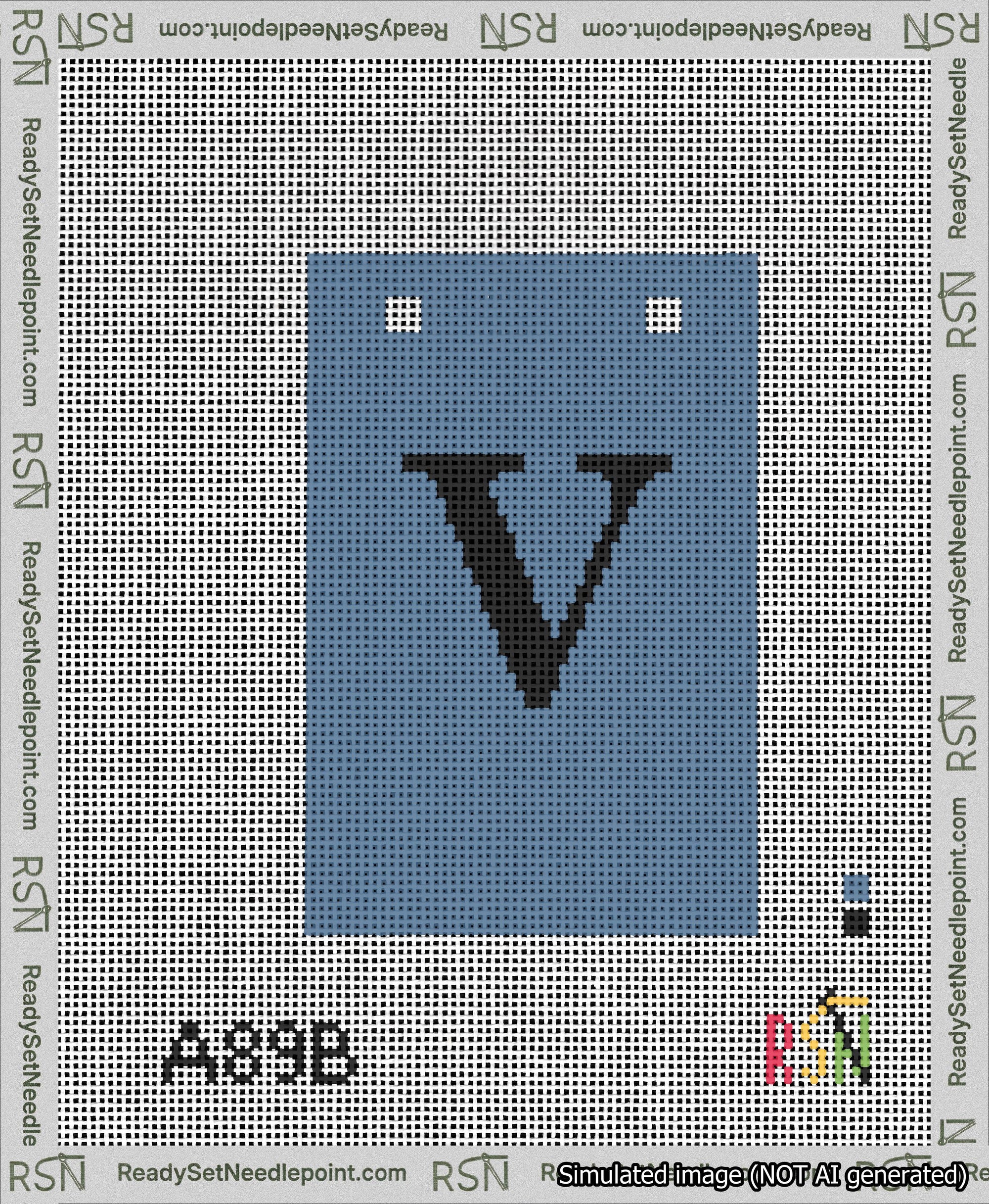 A taped needlepoint canvas with the design: Banner 13 mesh count Squared V Black on Blue.