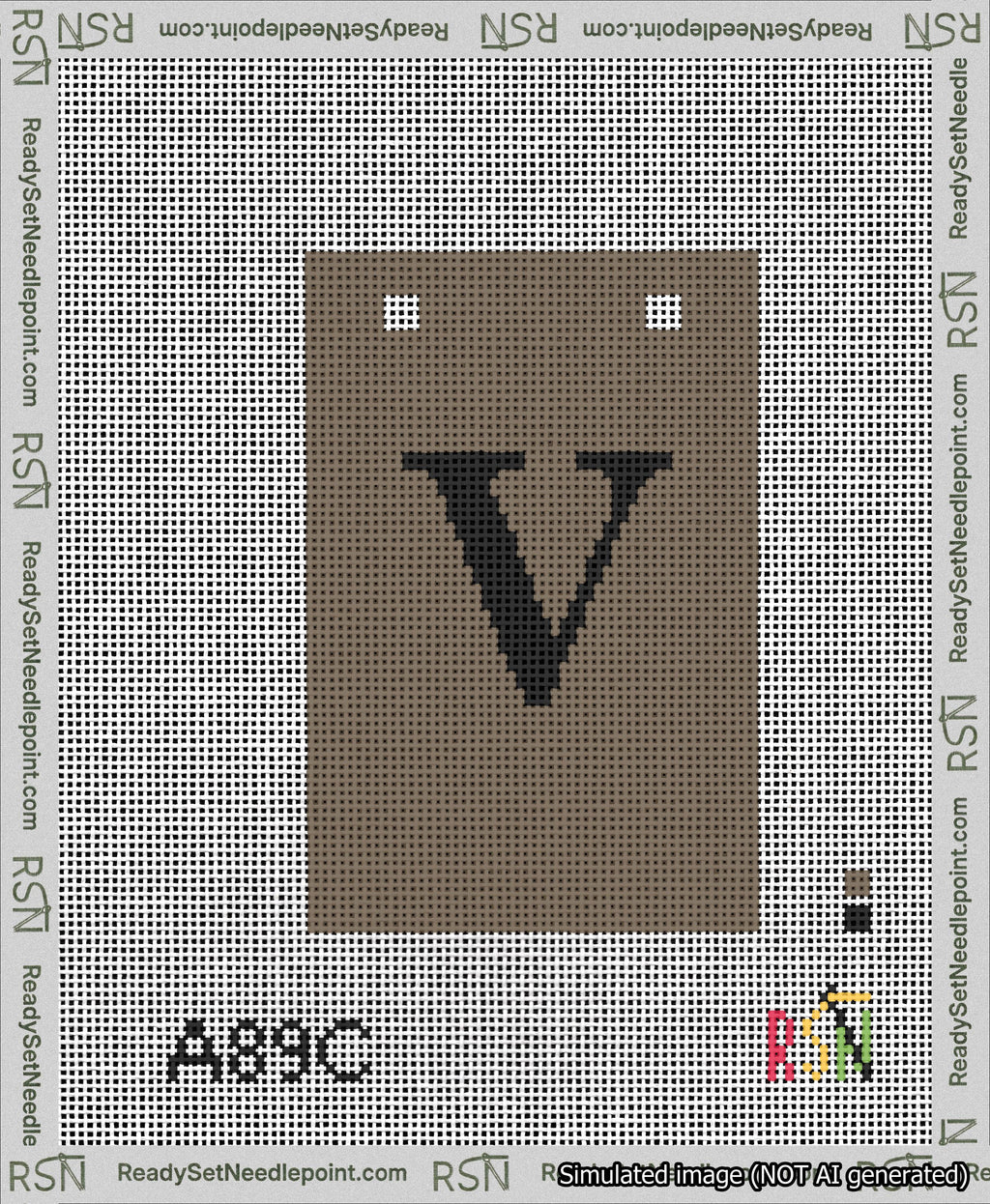 A taped needlepoint canvas with the design: Banner 13 mesh count Squared V Black on Brown.