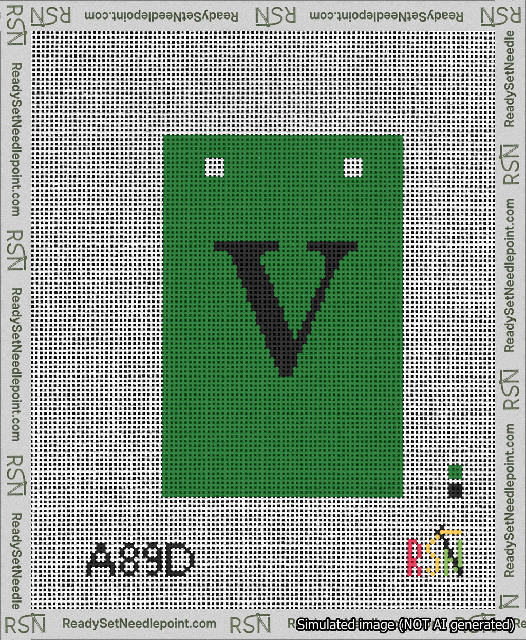 A taped needlepoint canvas with the design: Banner 13 mesh count Squared V Black on Green.