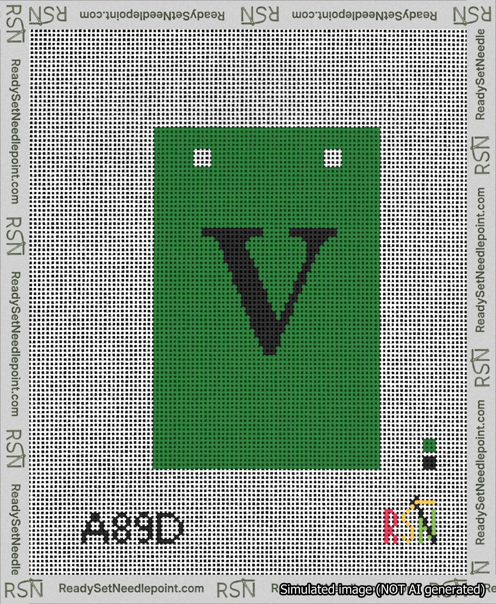 A taped needlepoint canvas with the design: Banner 13 mesh count Squared V Black on Green.