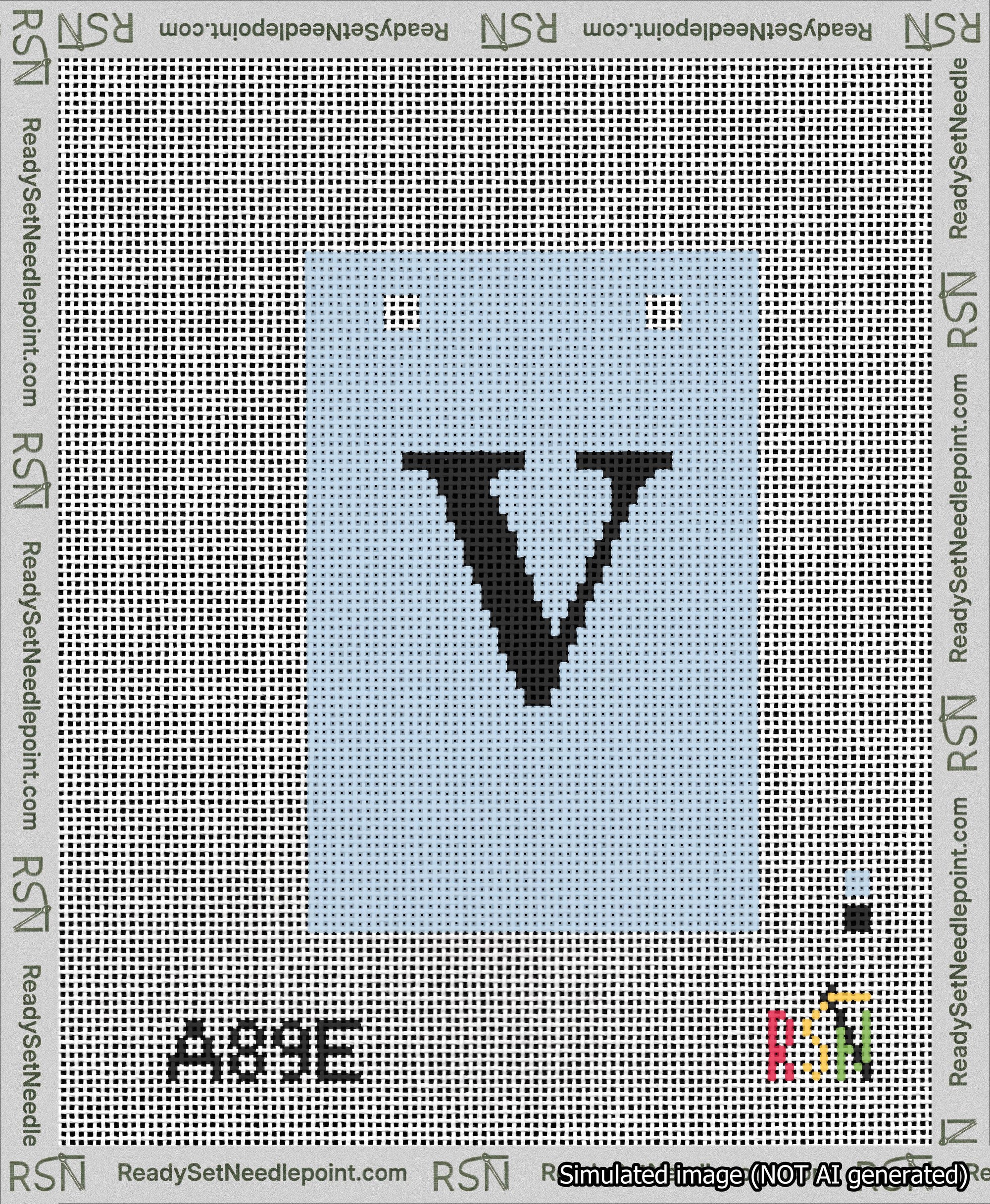 A taped needlepoint canvas with the design: Banner 13 mesh count Squared V Black on Light Blue.