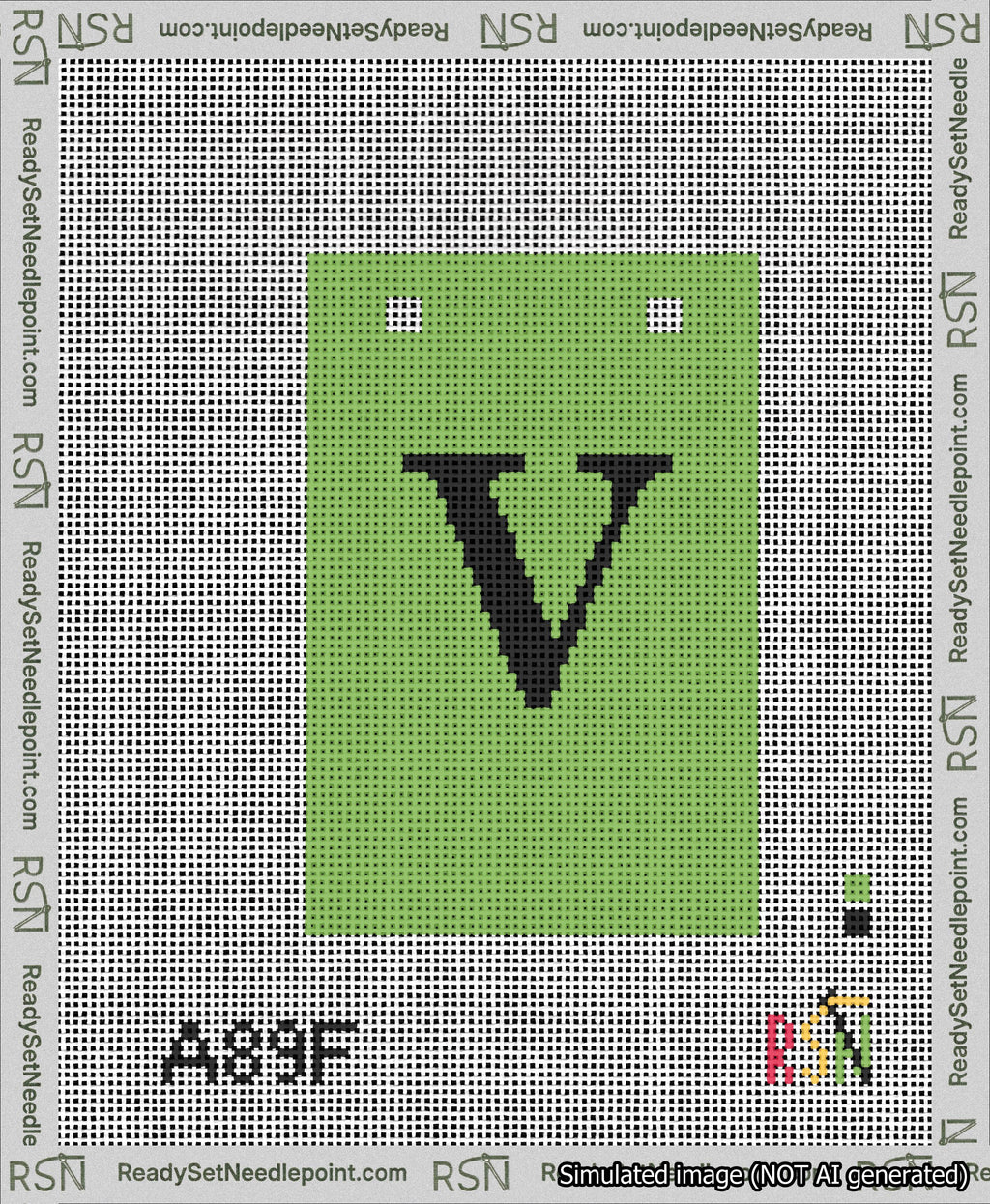 A taped needlepoint canvas with the design: Banner 13 mesh count Squared V Black on Light Green.
