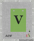 A taped needlepoint canvas with the design: Banner 13 mesh count Squared V Black on Light Green.